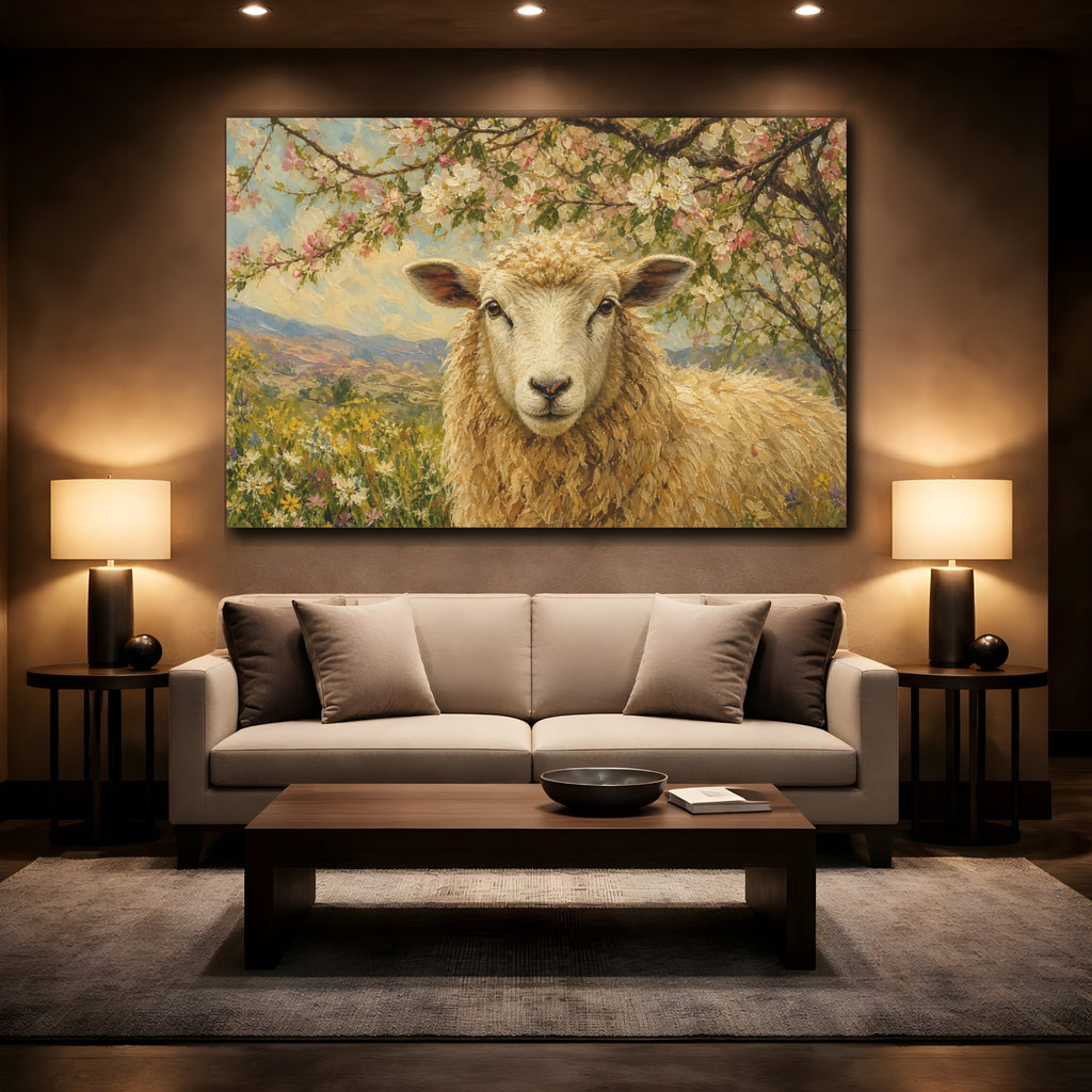 Mockup 2. Animals Sheep Golden Sheep shown as stretched canvas wall art