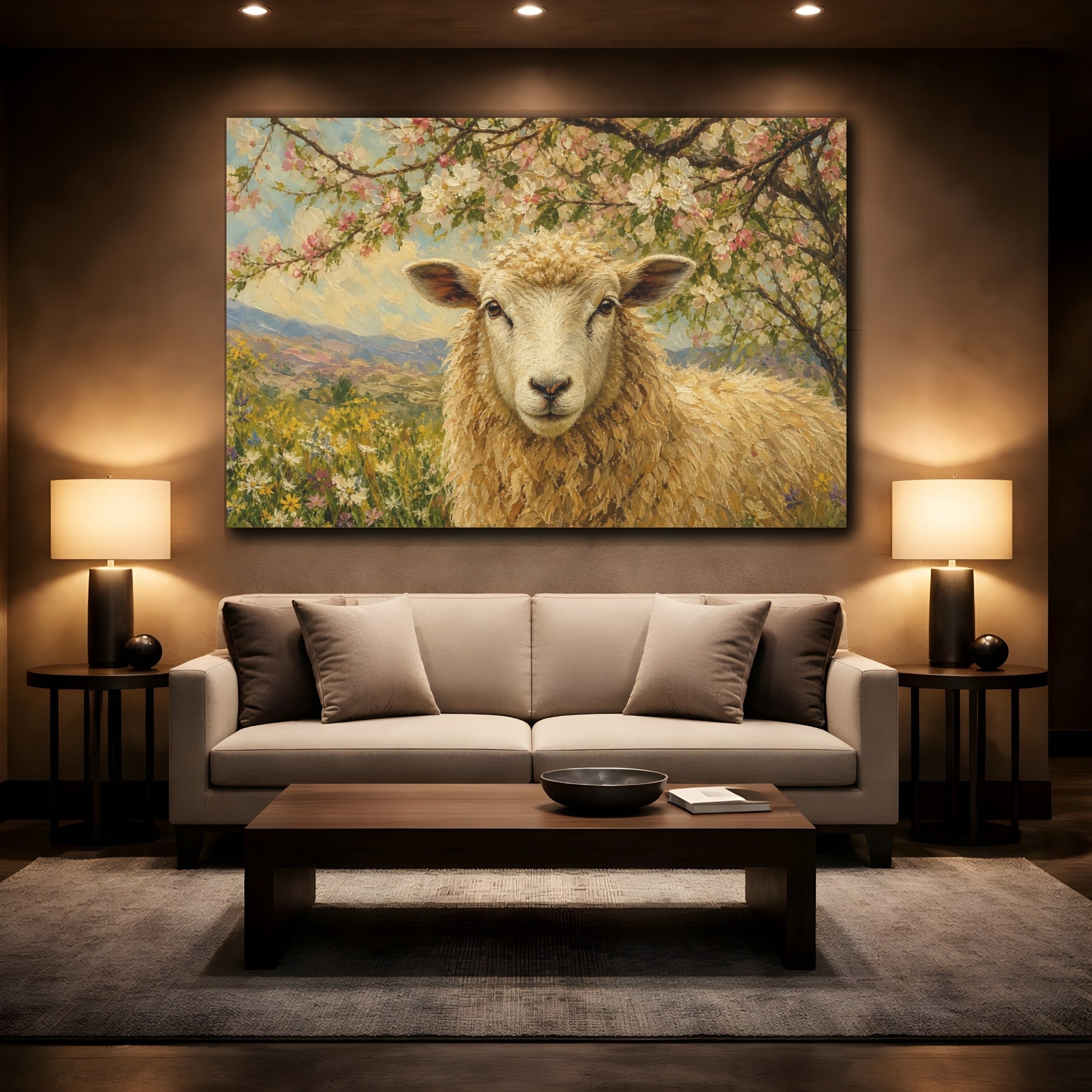 Mockup 2. Animals Sheep Golden Sheep shown as stretched canvas wall art