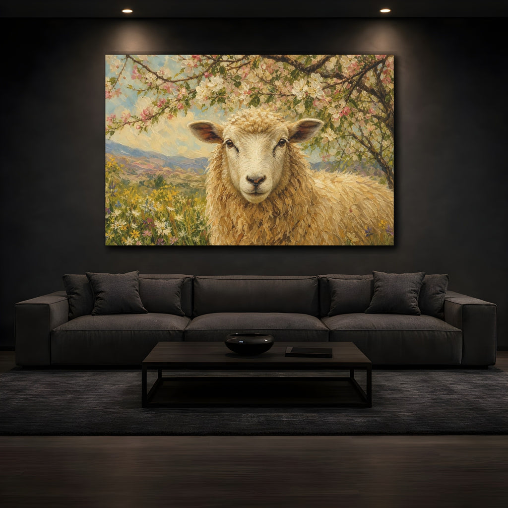 Mockup 3. Animals Sheep Golden Sheep shown as stretched canvas wall art