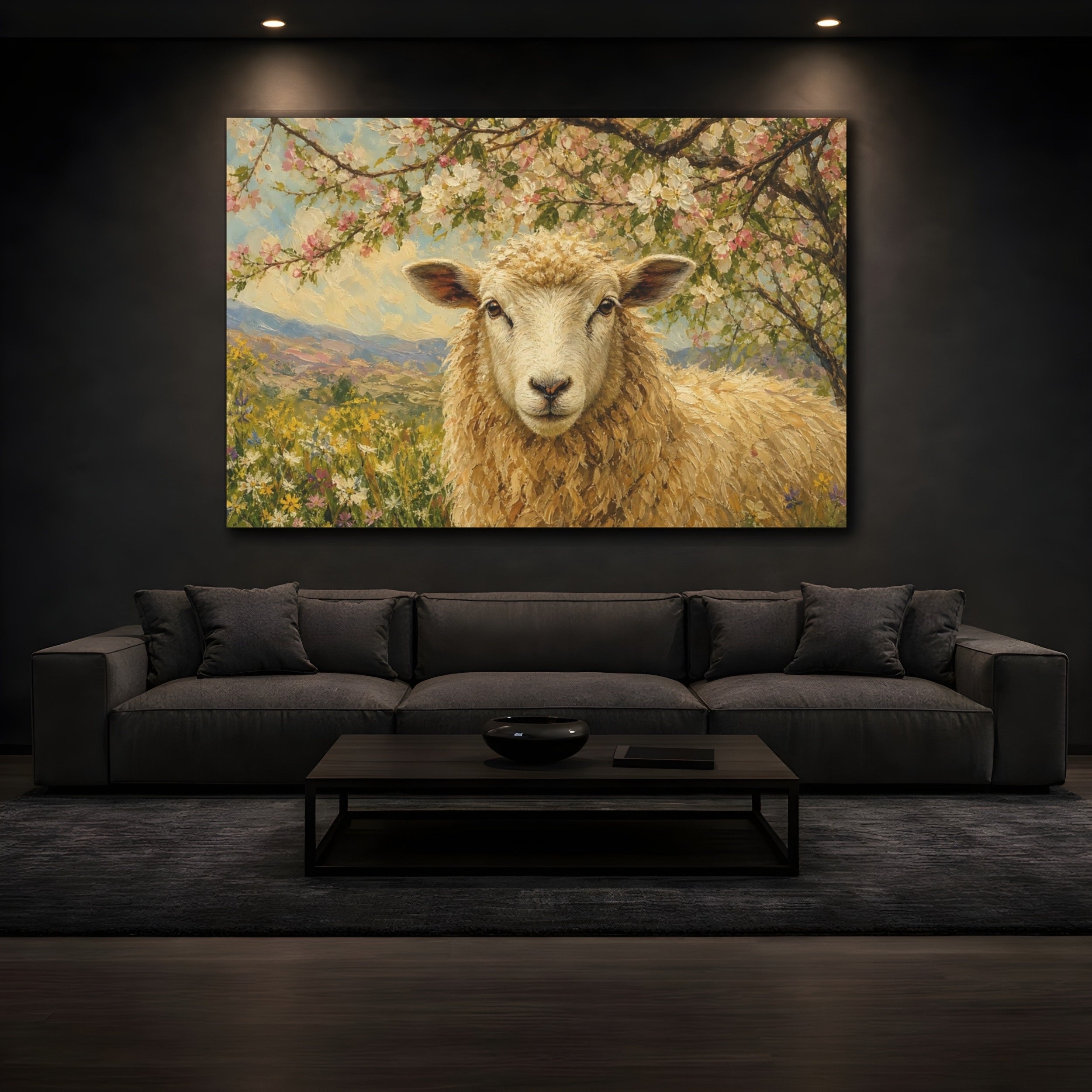 Mockup 3. Animals Sheep Golden Sheep shown as stretched canvas wall art