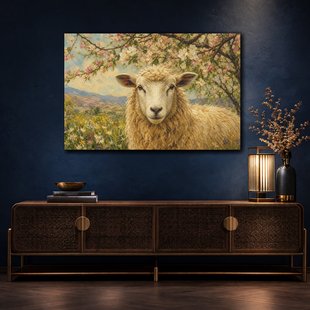 Mockup 4. Animals Sheep Golden Sheep shown as stretched canvas wall art
