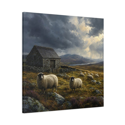 Main Mockup. Animals Sheep Rural Landscape shown as stretched canvas wall art