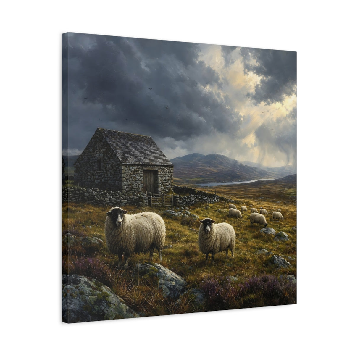Side Mockup 4. Animals Sheep Rural Landscape shown as stretched canvas wall art