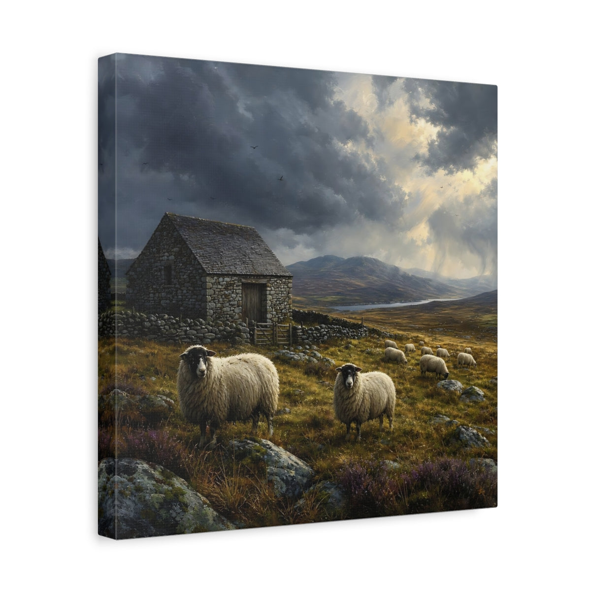 Side Mockup 7. Animals Sheep Rural Landscape shown as stretched canvas wall art