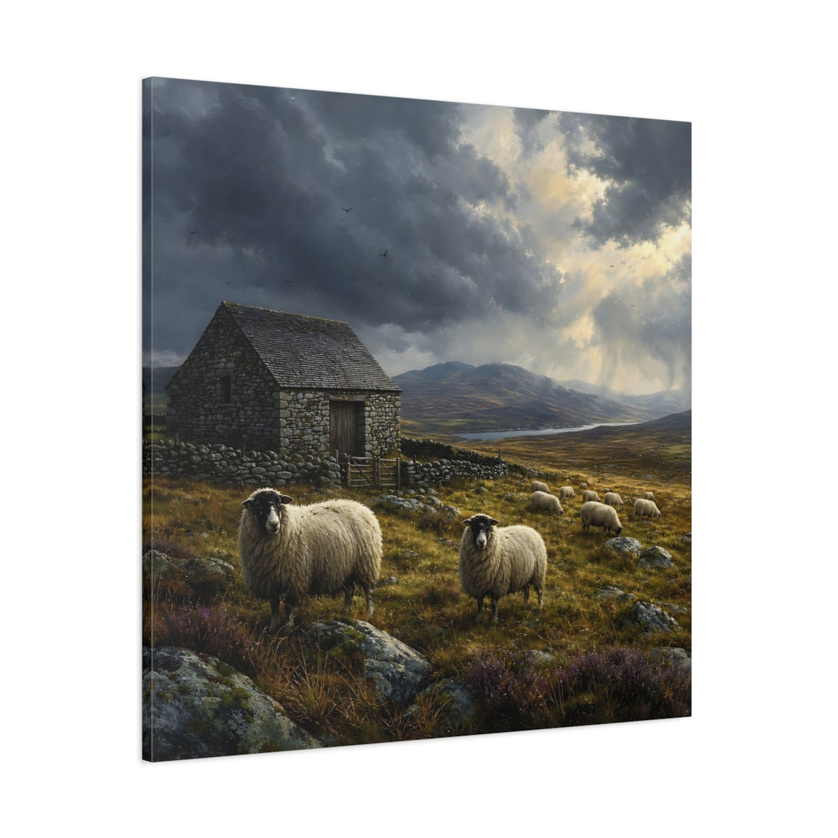 Side Mockup 1. Animals Sheep Rural Landscape shown as stretched canvas wall art