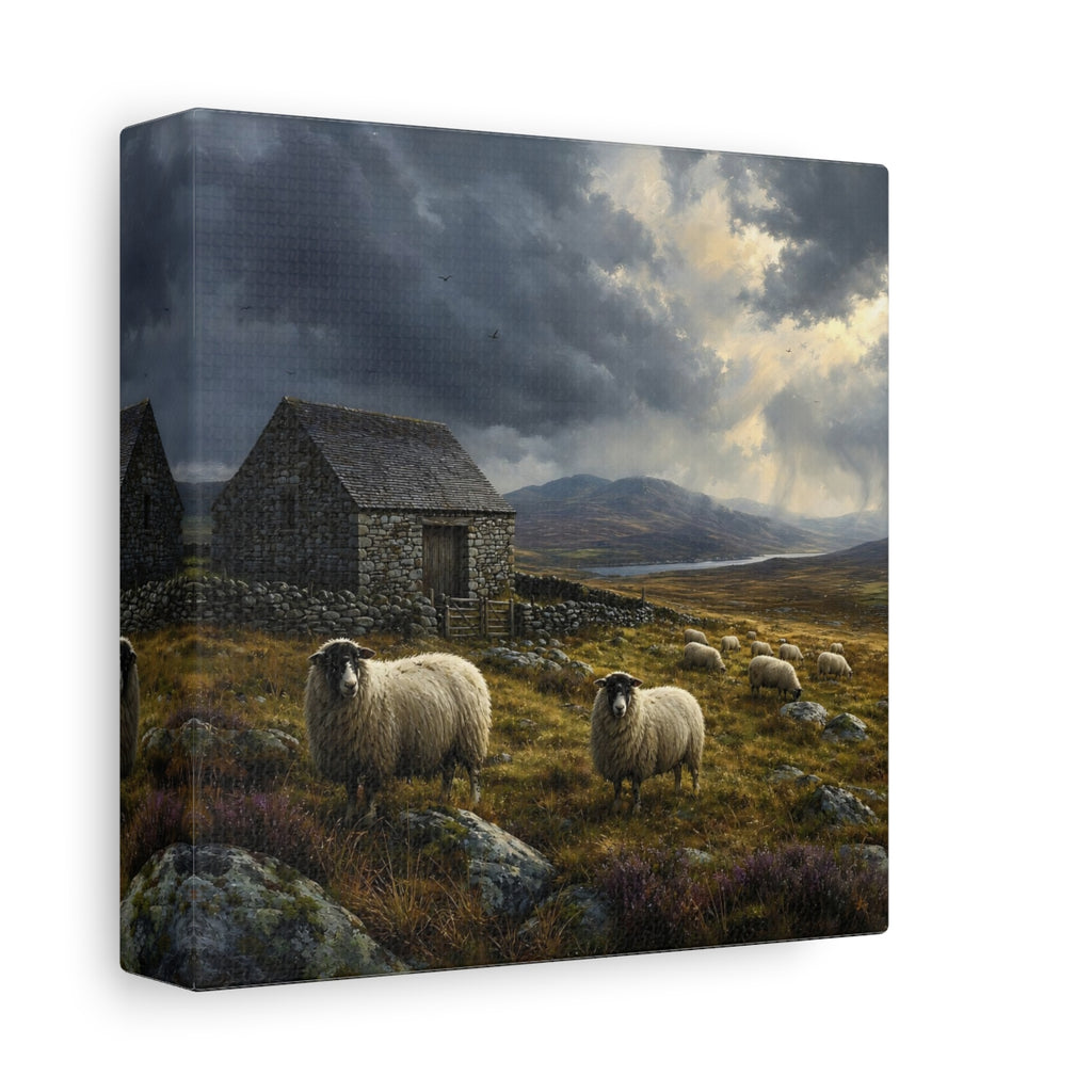 Side Mockup 2. Animals Sheep Rural Landscape shown as stretched canvas wall art
