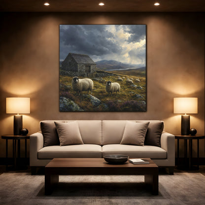 Mockup 2. Animals Sheep Rural Landscape shown as stretched canvas wall art