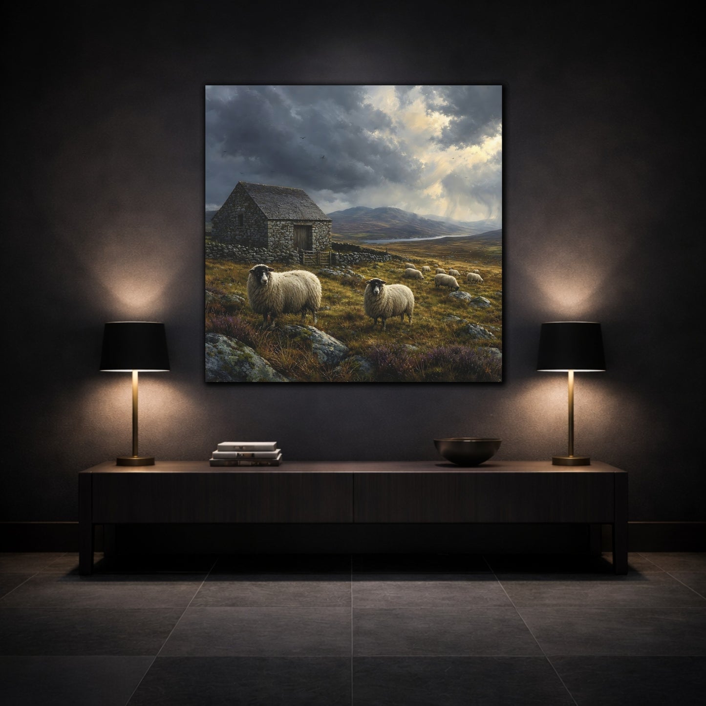 Mockup 3. Animals Sheep Rural Landscape shown as stretched canvas wall art