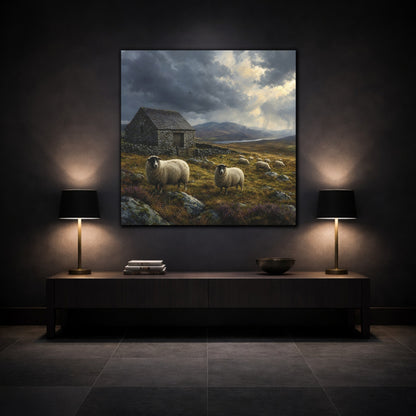 Mockup 3. Animals Sheep Rural Landscape shown as stretched canvas wall art