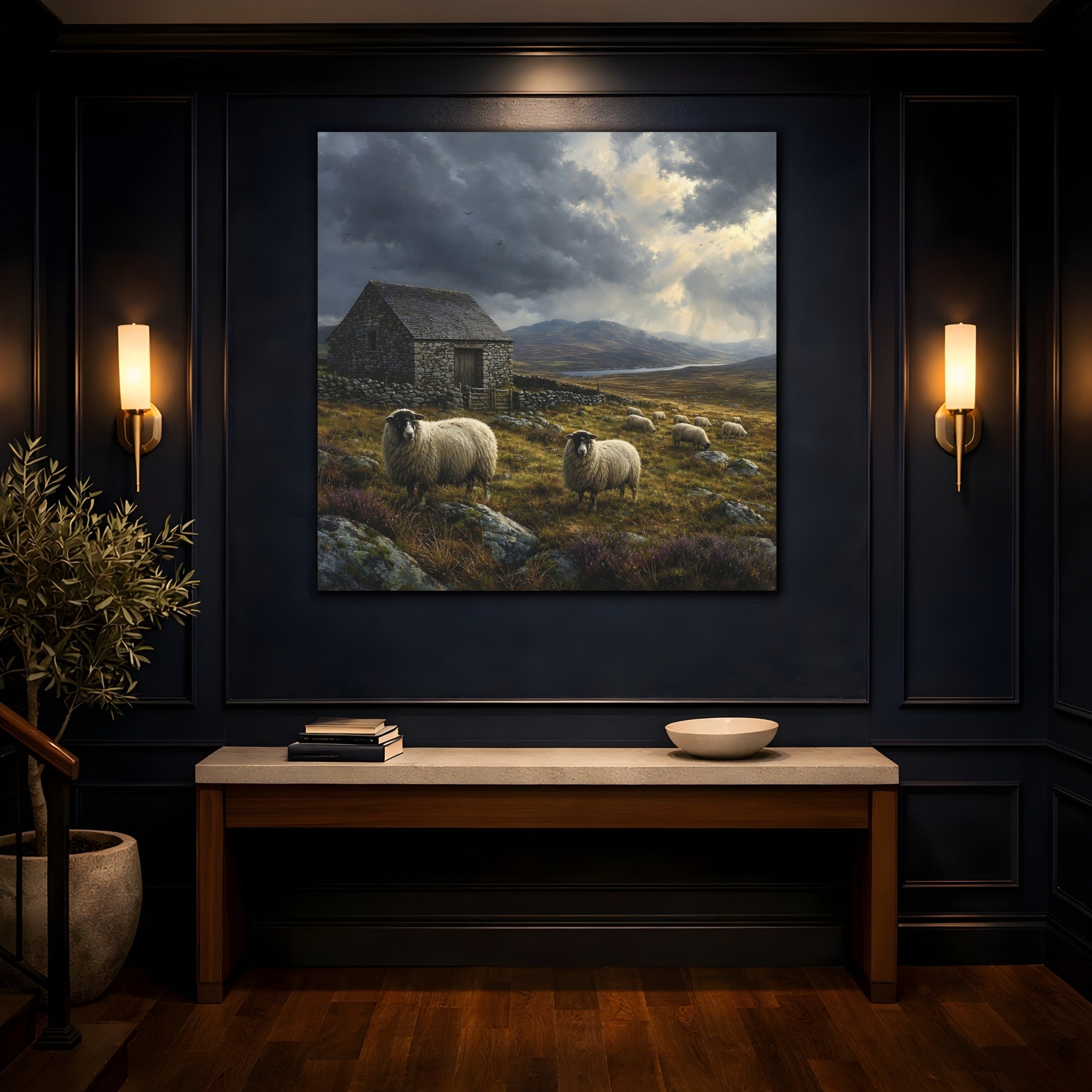 Mockup 4. Animals Sheep Rural Landscape shown as stretched canvas wall art