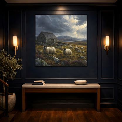 Mockup 4. Animals Sheep Rural Landscape shown as stretched canvas wall art
