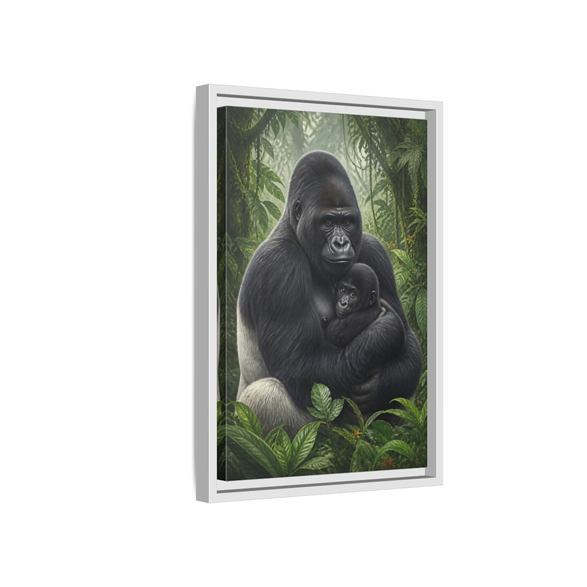 Side Mockup 4. Animals Silverback Gorilla Embrace shown as framed canvas print