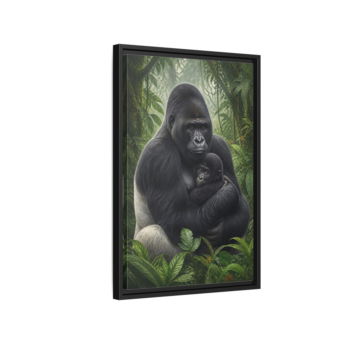 Side Mockup 3. Animals Silverback Gorilla Embrace shown as framed canvas print