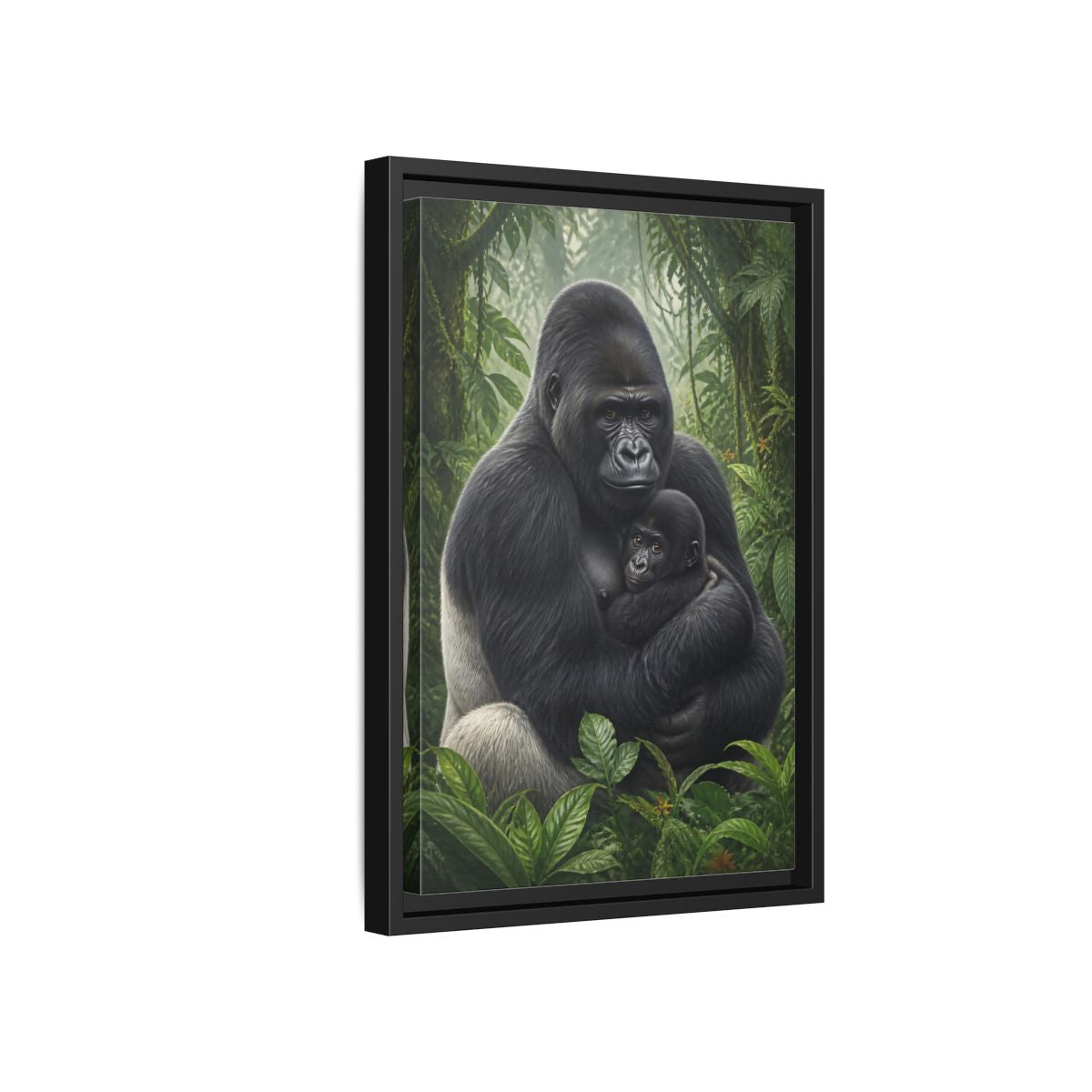 Side Mockup 6. Animals Silverback Gorilla Embrace shown as framed canvas print