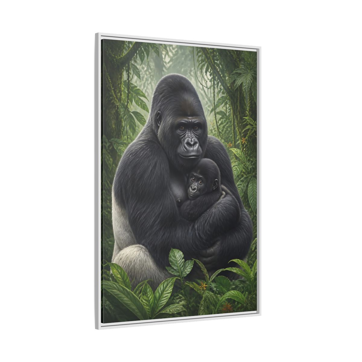 Side Mockup 7. Animals Silverback Gorilla Embrace shown as framed canvas print