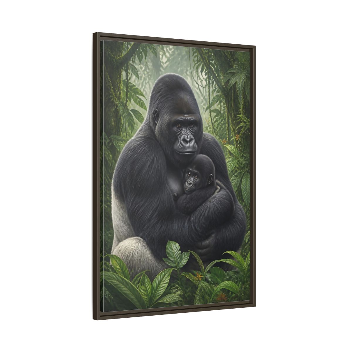 Main Mockup. Animals Silverback Gorilla Embrace shown as framed canvas print
