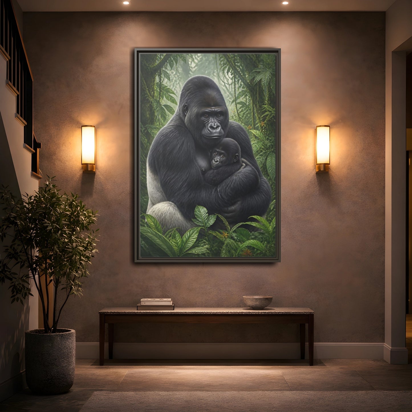 Mockup 2. Animals Silverback Gorilla Embrace shown as framed canvas print