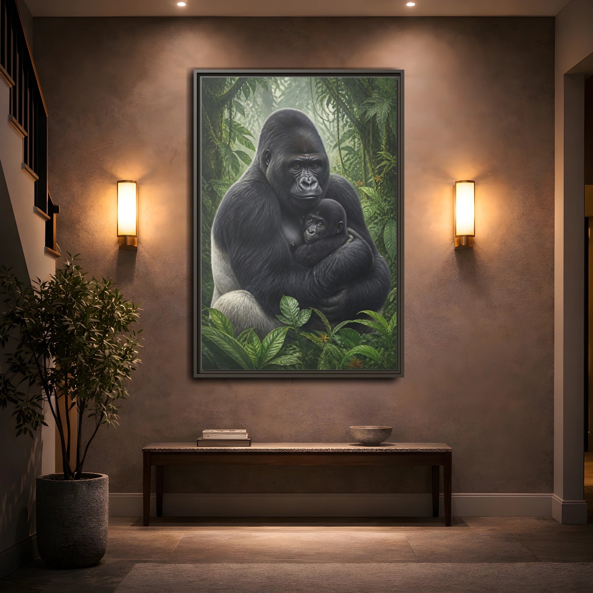Mockup 2. Animals Silverback Gorilla Embrace shown as framed canvas print