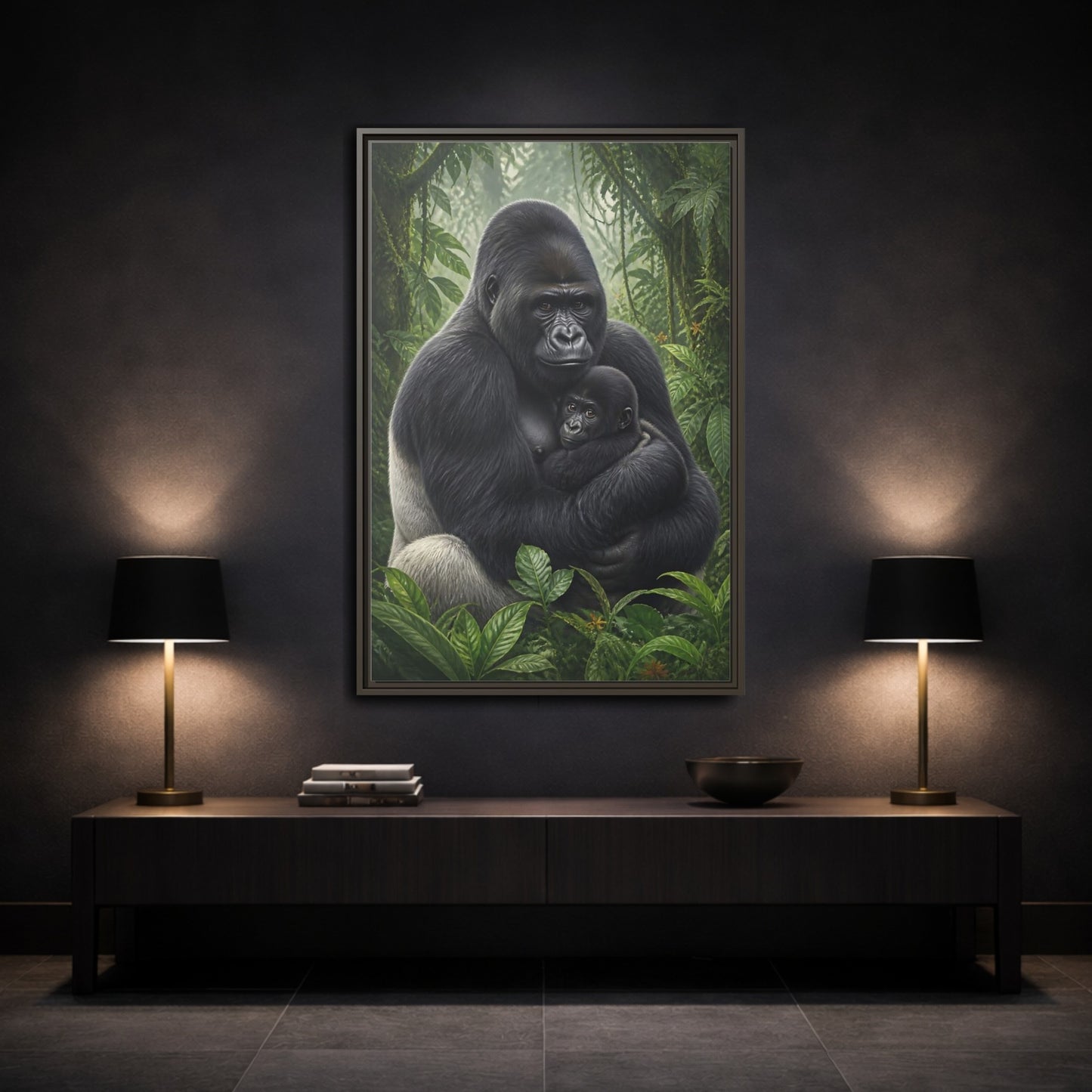 Mockup 3. Animals Silverback Gorilla Embrace shown as framed canvas print