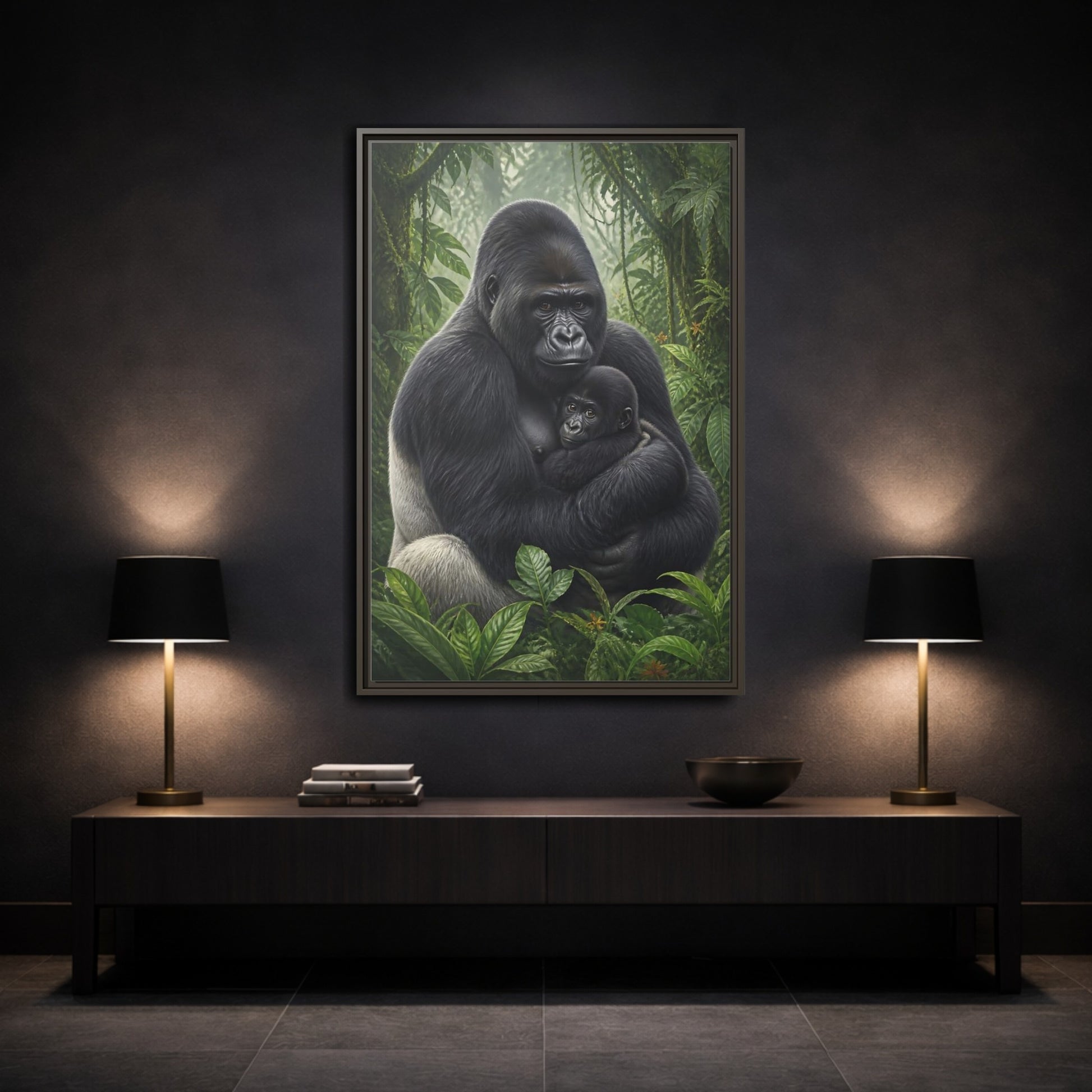 Mockup 3. Animals Silverback Gorilla Embrace shown as framed canvas print