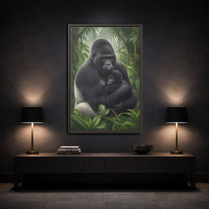 Mockup 3. Animals Silverback Gorilla Embrace shown as framed canvas print