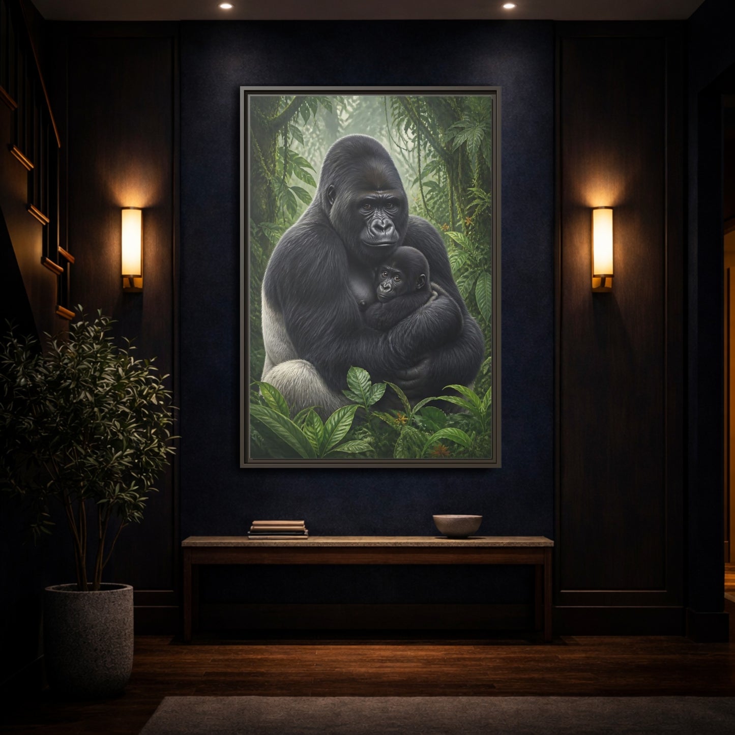 Mockup 4. Animals Silverback Gorilla Embrace shown as framed canvas print