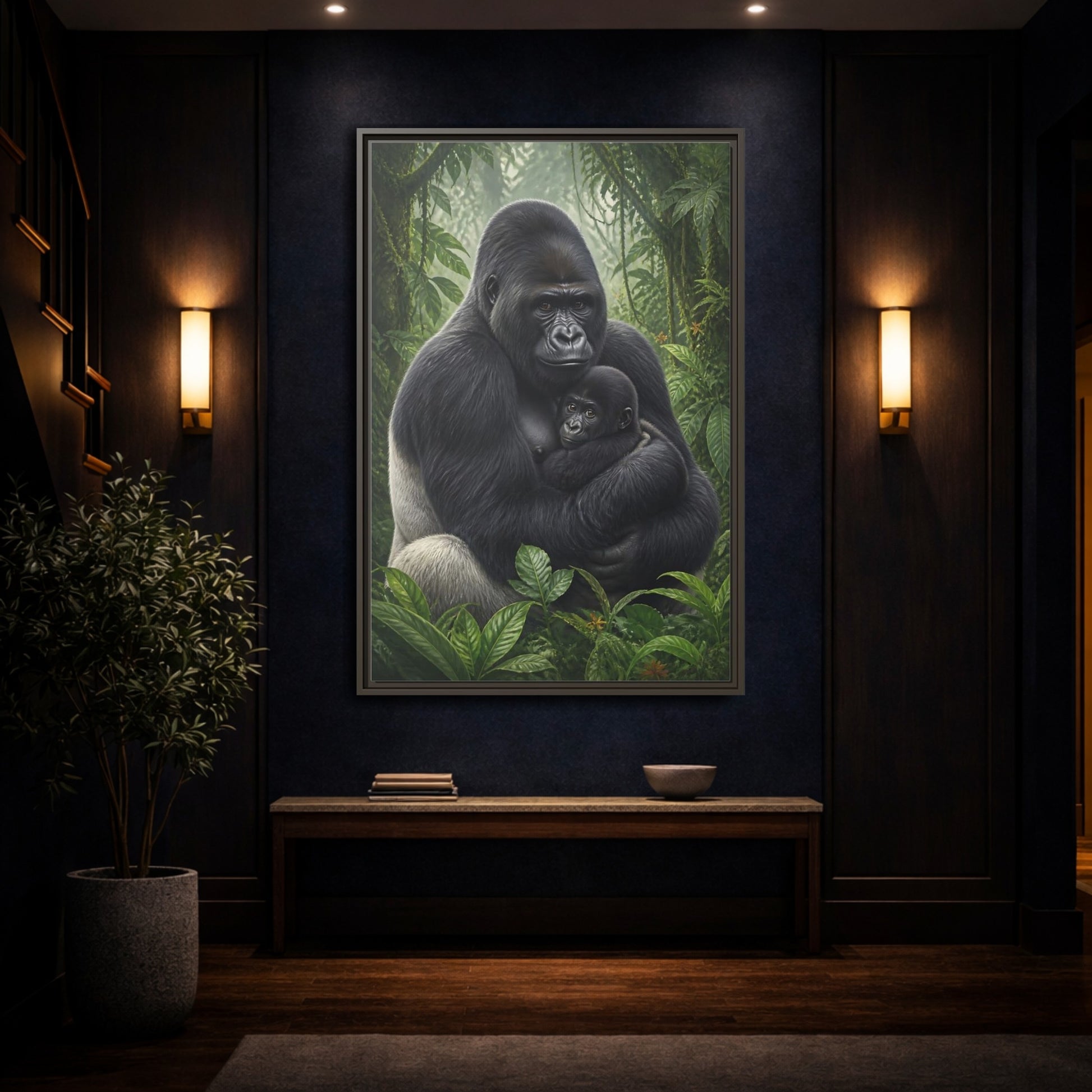 Mockup 4. Animals Silverback Gorilla Embrace shown as framed canvas print