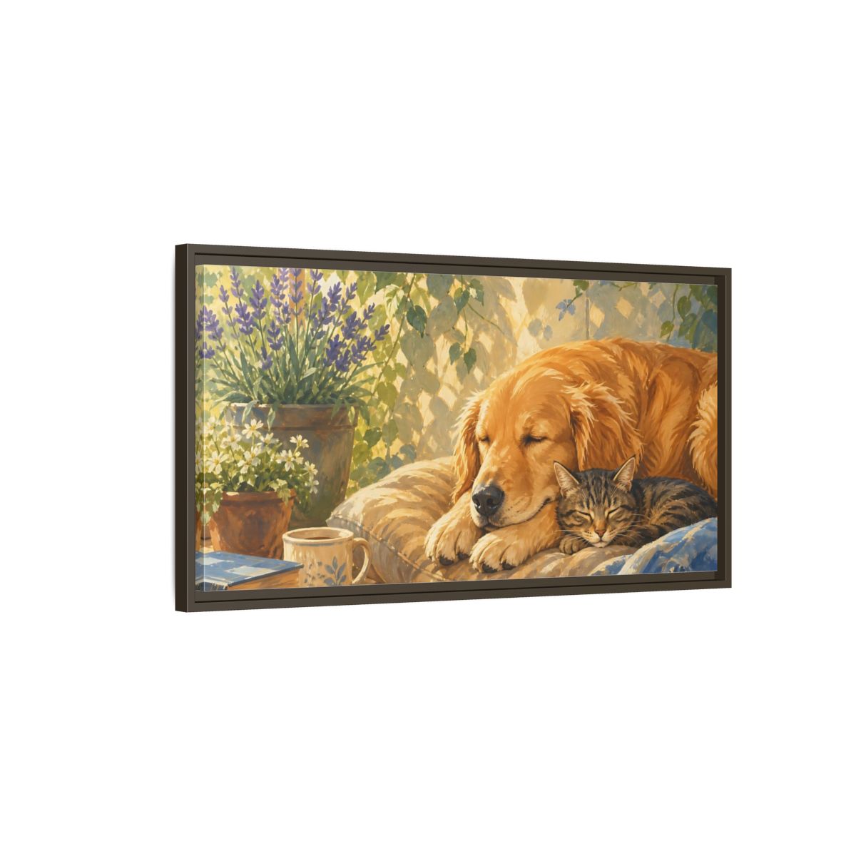 Main Mockup. Animals Sleeping Animals Cozy Pet Scene shown as stretched canvas wall art