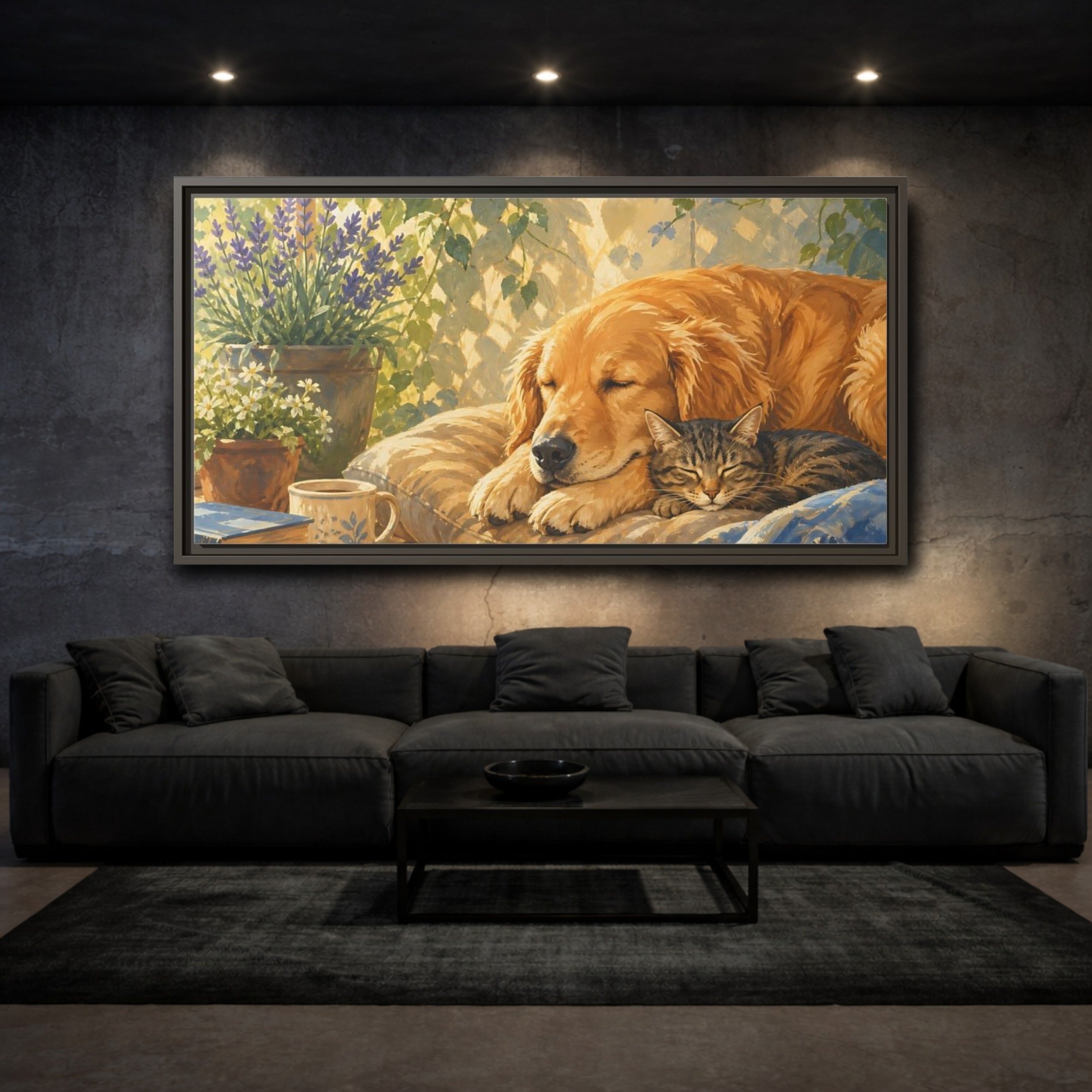 Mockup 3. Animals Sleeping Animals Cozy Pet Scene shown as stretched canvas wall art