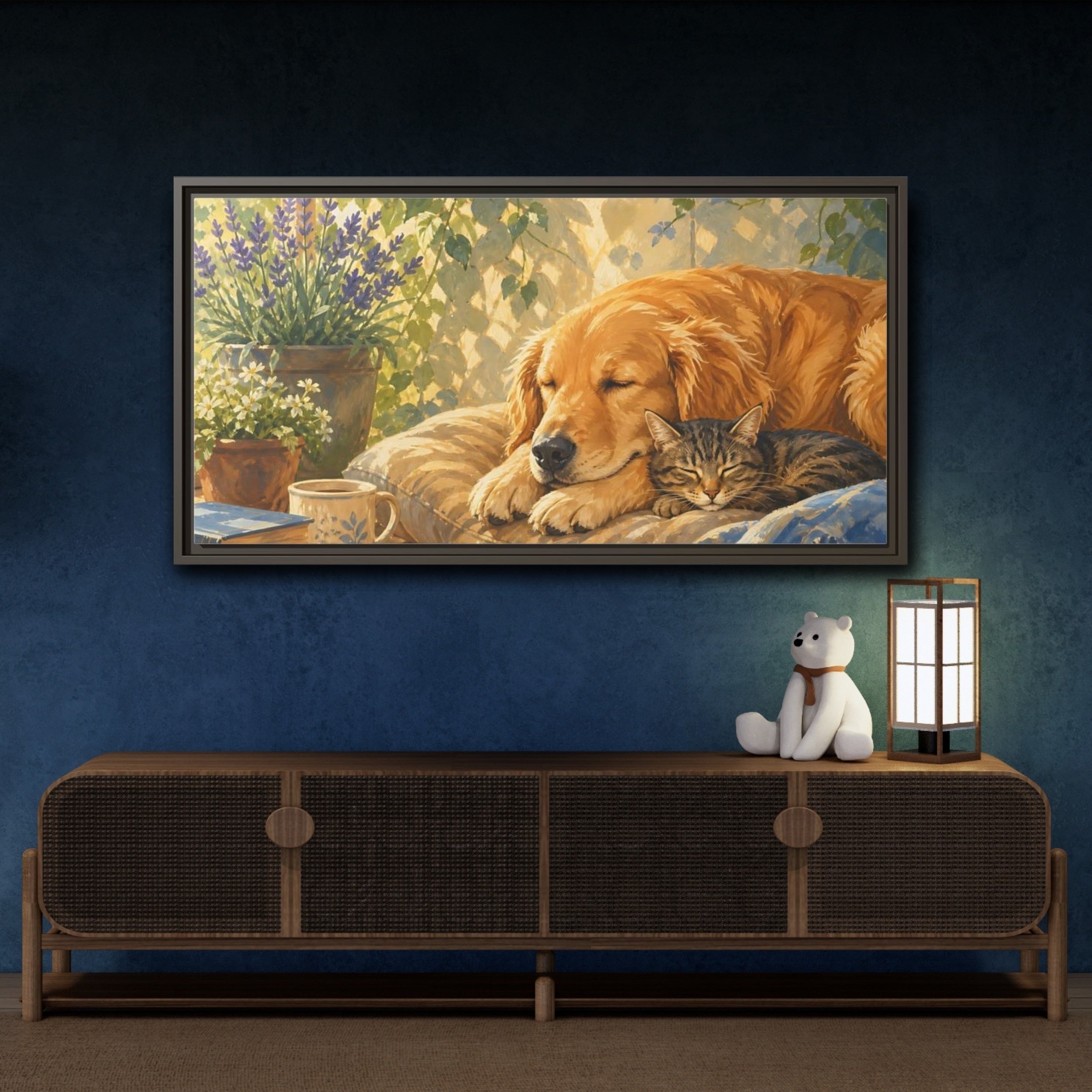 Mockup 4. Animals Sleeping Animals Cozy Pet Scene shown as stretched canvas wall art