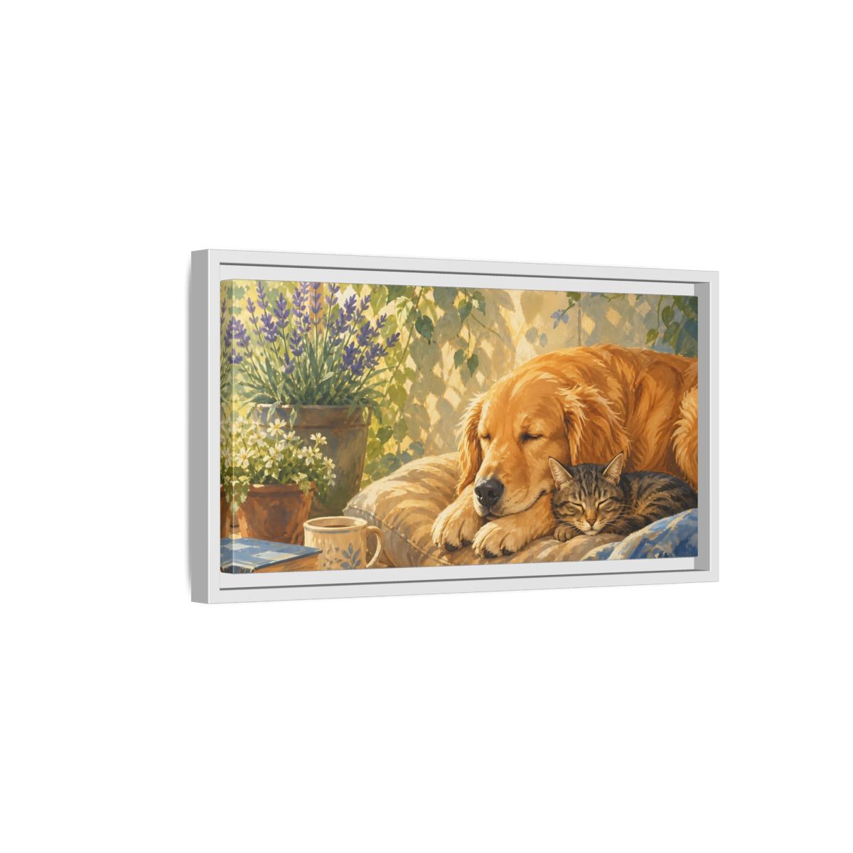 Side Mockup 6. Animals Sleeping Animals Cozy Pet Scene shown as stretched canvas wall art
