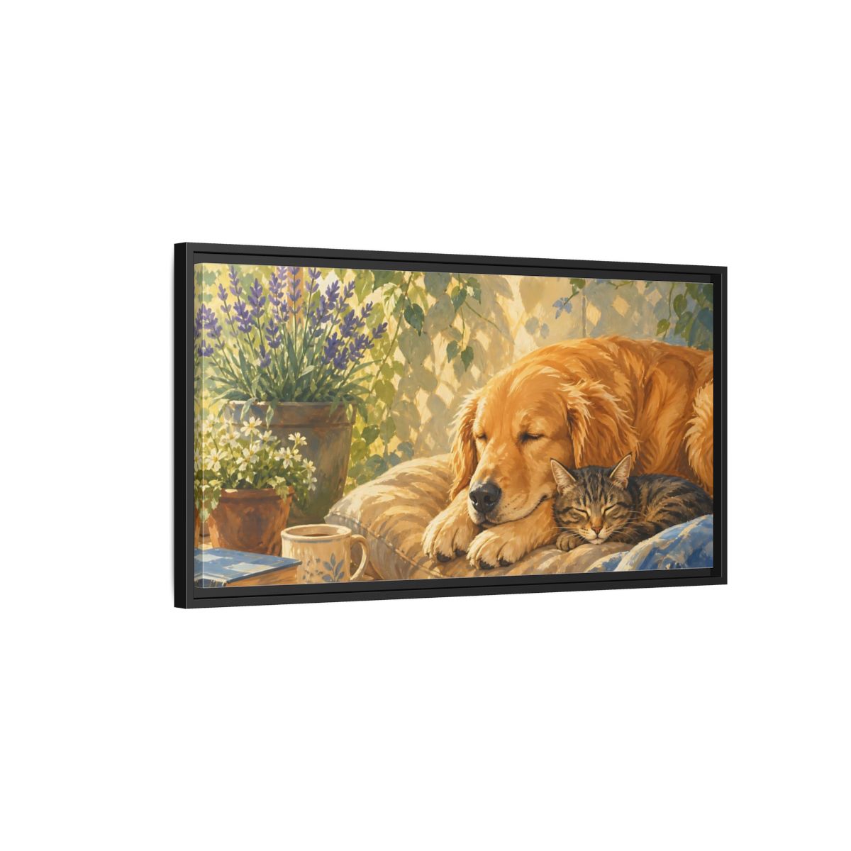 Side Mockup 2. Animals Sleeping Animals Cozy Pet Scene shown as stretched canvas wall art