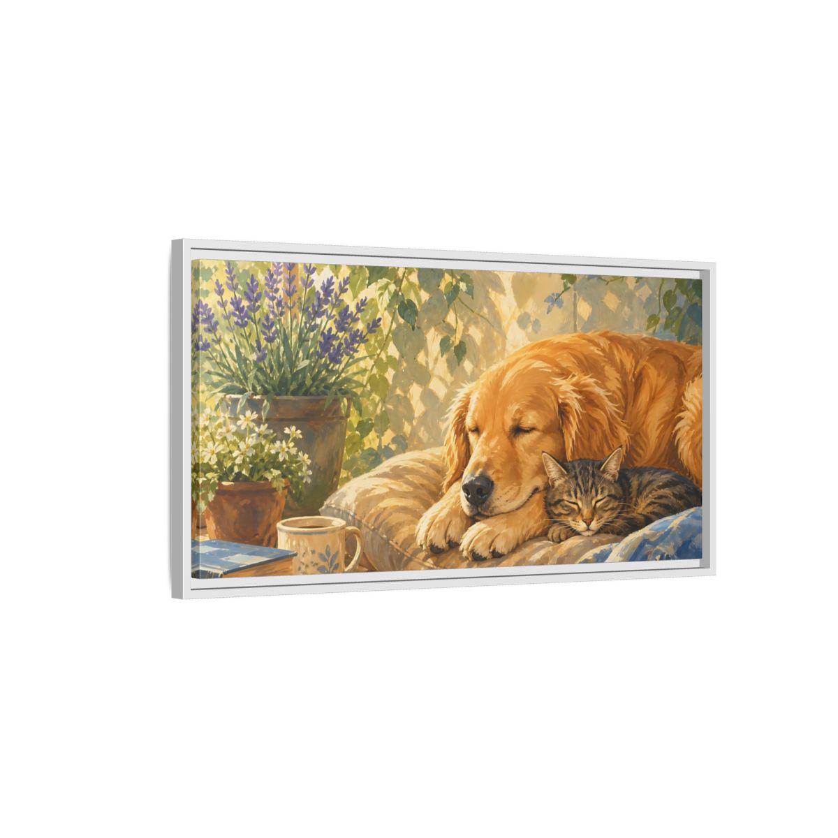 Side Mockup 1. Animals Sleeping Animals Cozy Pet Scene shown as stretched canvas wall art