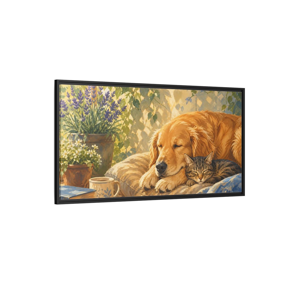 Side Mockup 5. Animals Sleeping Animals Cozy Pet Scene shown as stretched canvas wall art