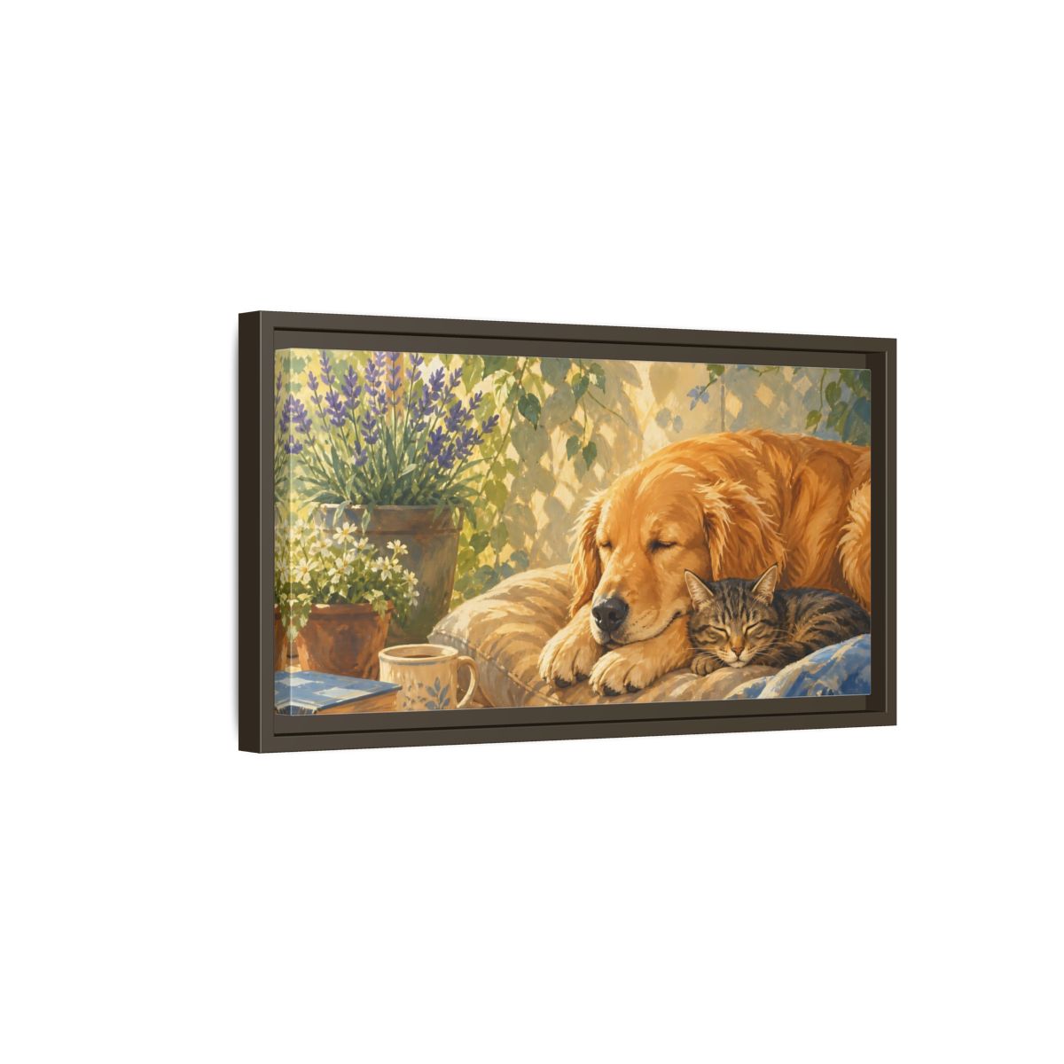 Side Mockup 7. Animals Sleeping Animals Cozy Pet Scene shown as stretched canvas wall art