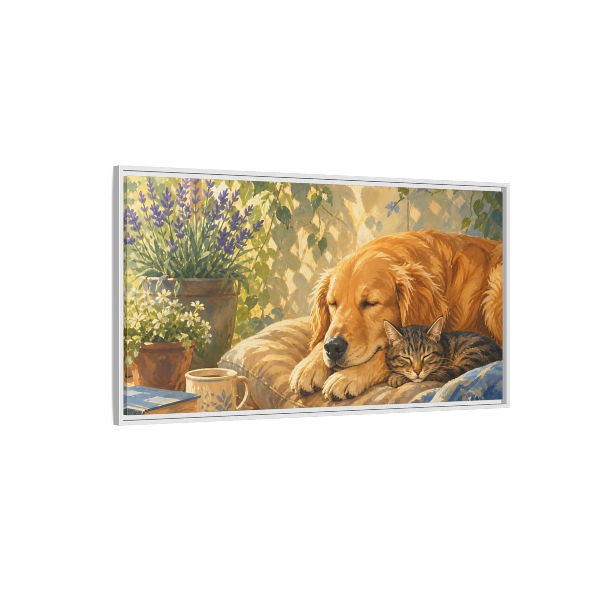 Side Mockup 3. Animals Sleeping Animals Cozy Pet Scene shown as stretched canvas wall art