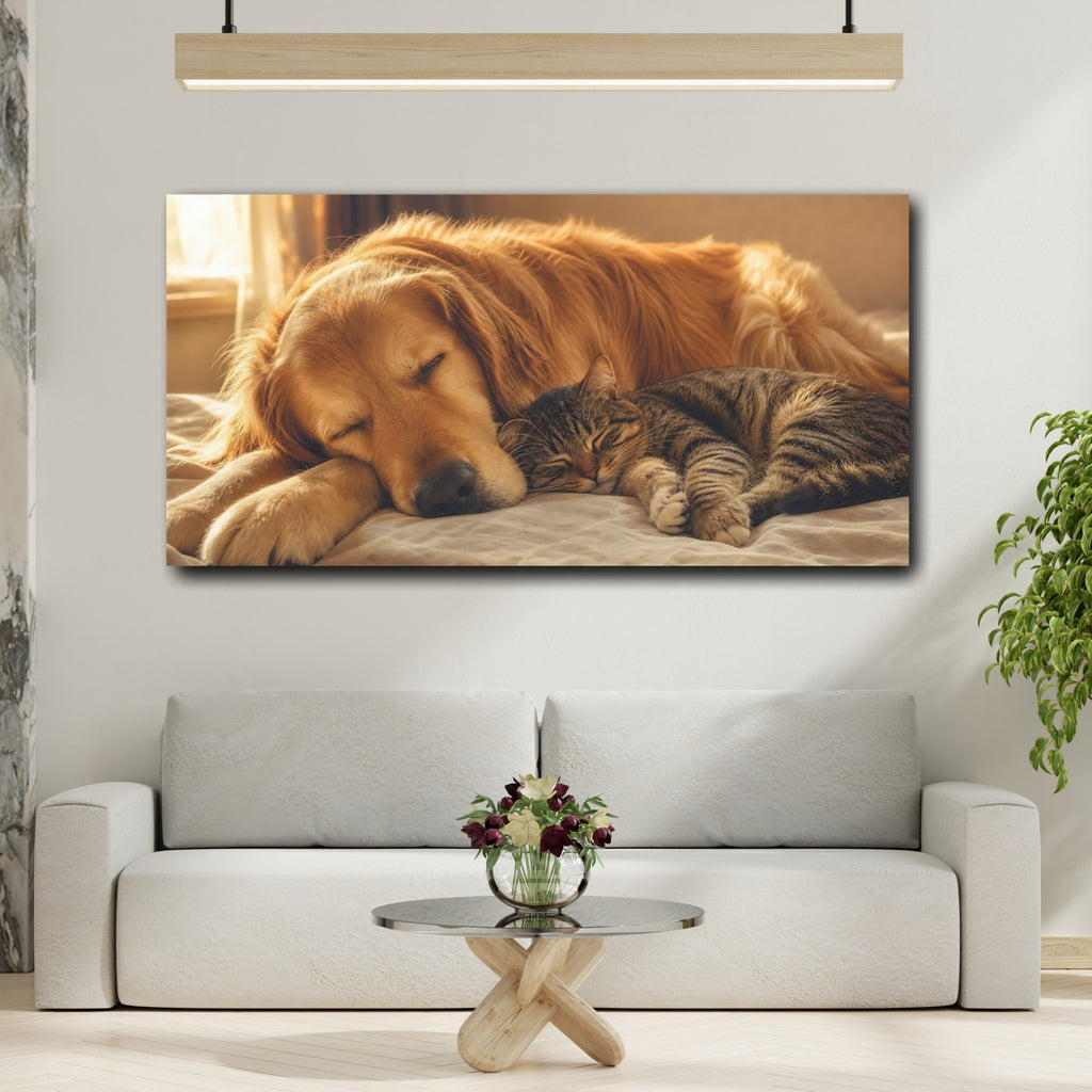 Mockup 2. Animals Sleeping Pets Brown And Gold shown as stretched canvas wall art