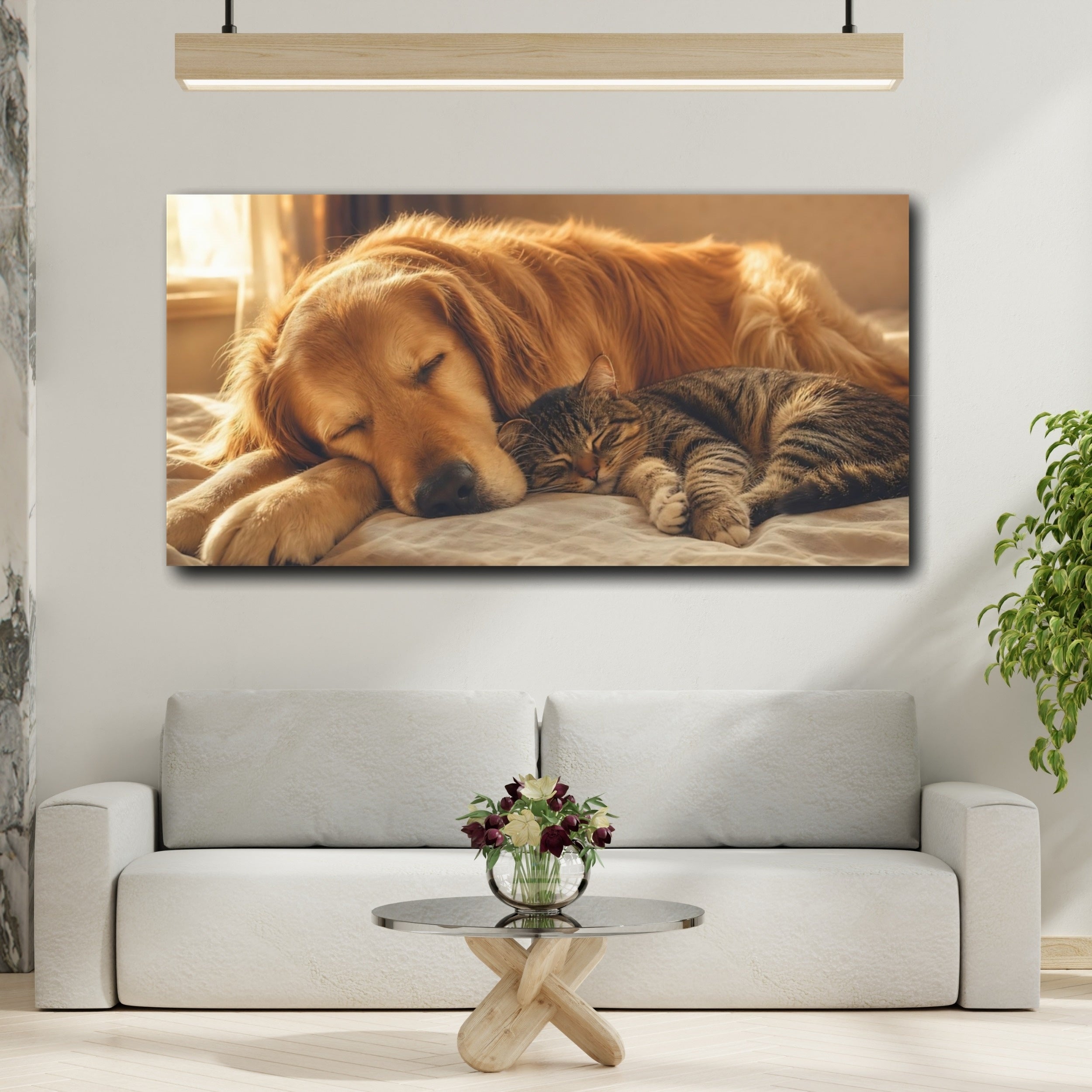 Mockup 2. Animals Sleeping Pets Brown And Gold shown as stretched canvas wall art