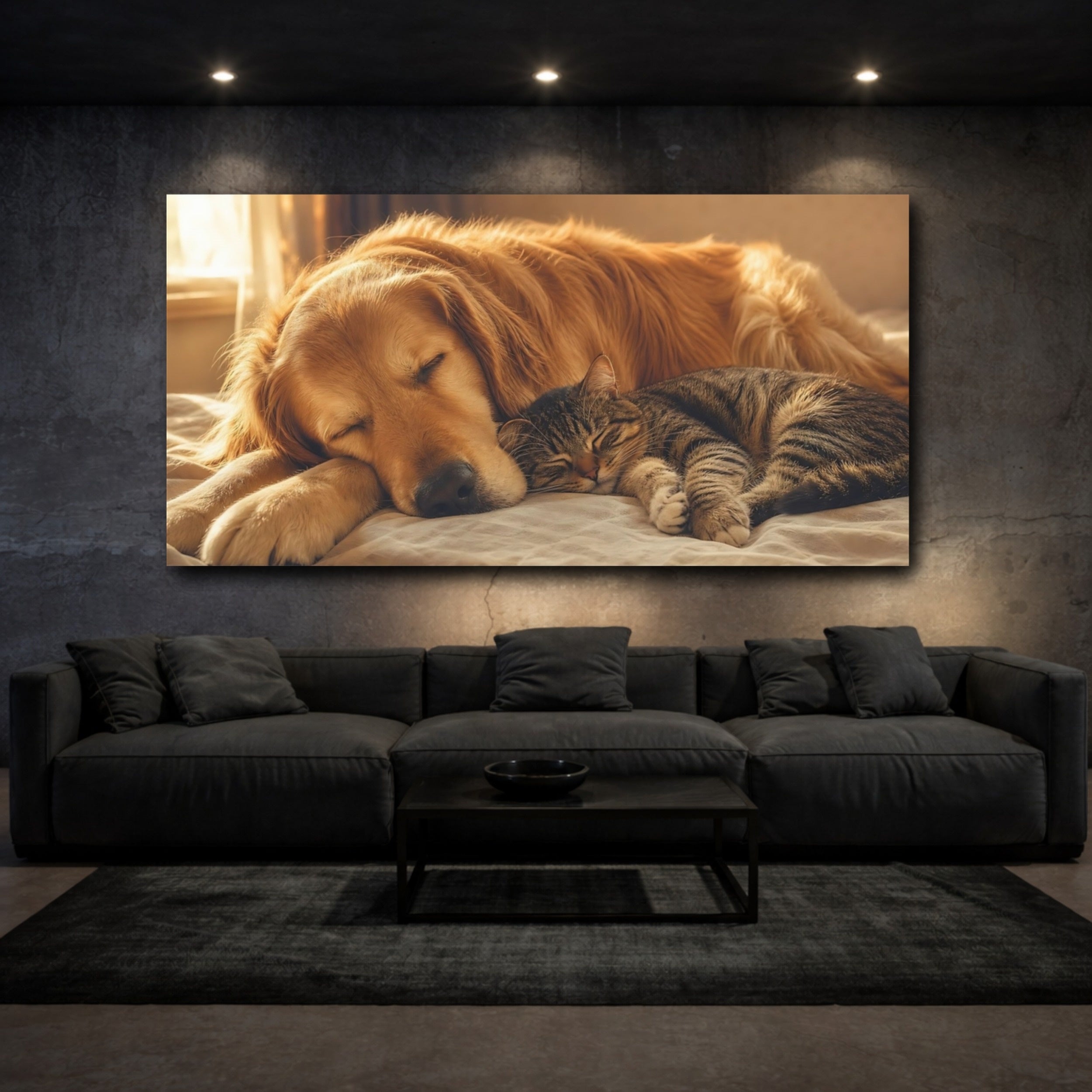 Mockup 3. Animals Sleeping Pets Brown And Gold shown as stretched canvas wall art