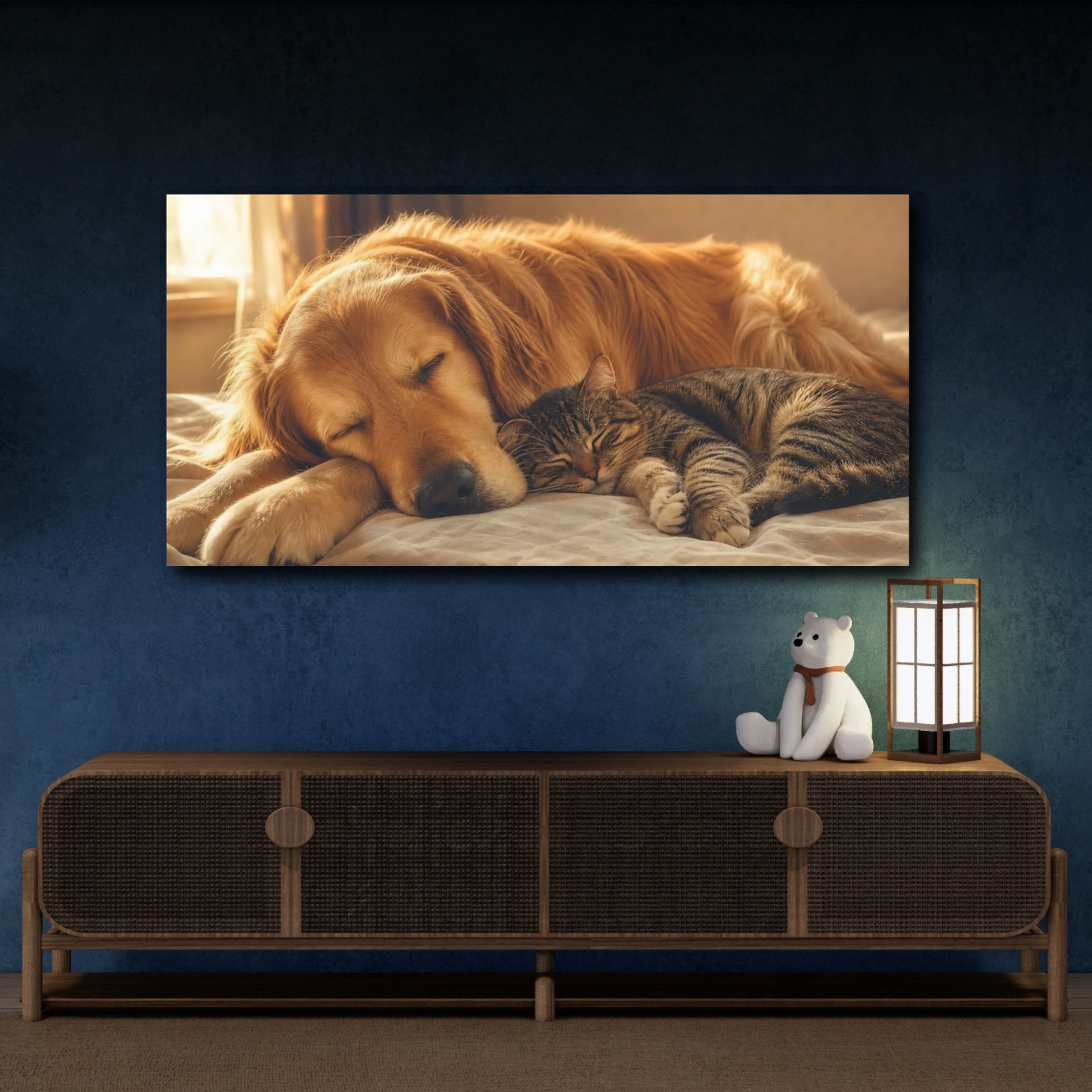 Mockup 4. Animals Sleeping Pets Brown And Gold shown as stretched canvas wall art