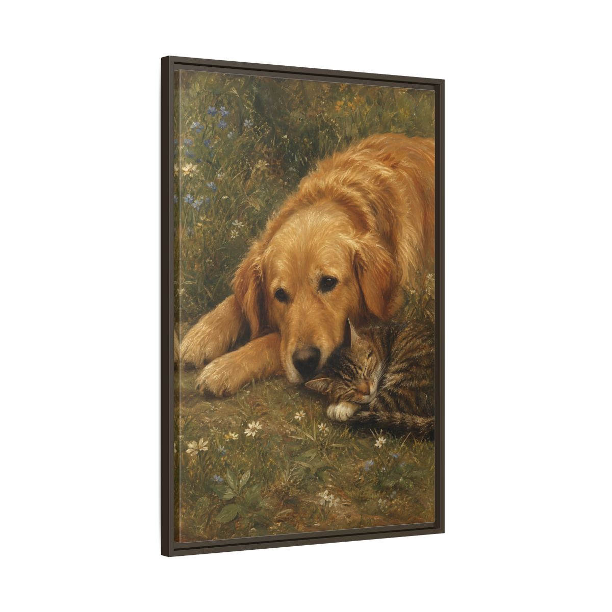 Main Mockup. Animals Sleeping Pets Brown And Green shown as stretched canvas wall art
