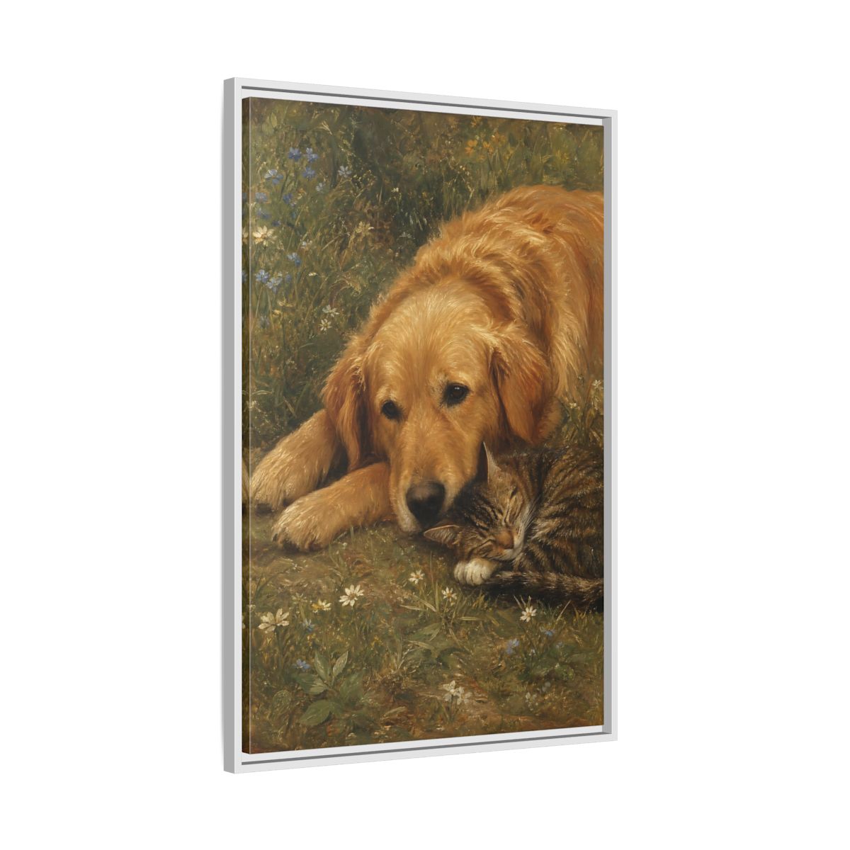 Side Mockup 9. Animals Sleeping Pets Brown And Green shown as stretched canvas wall art