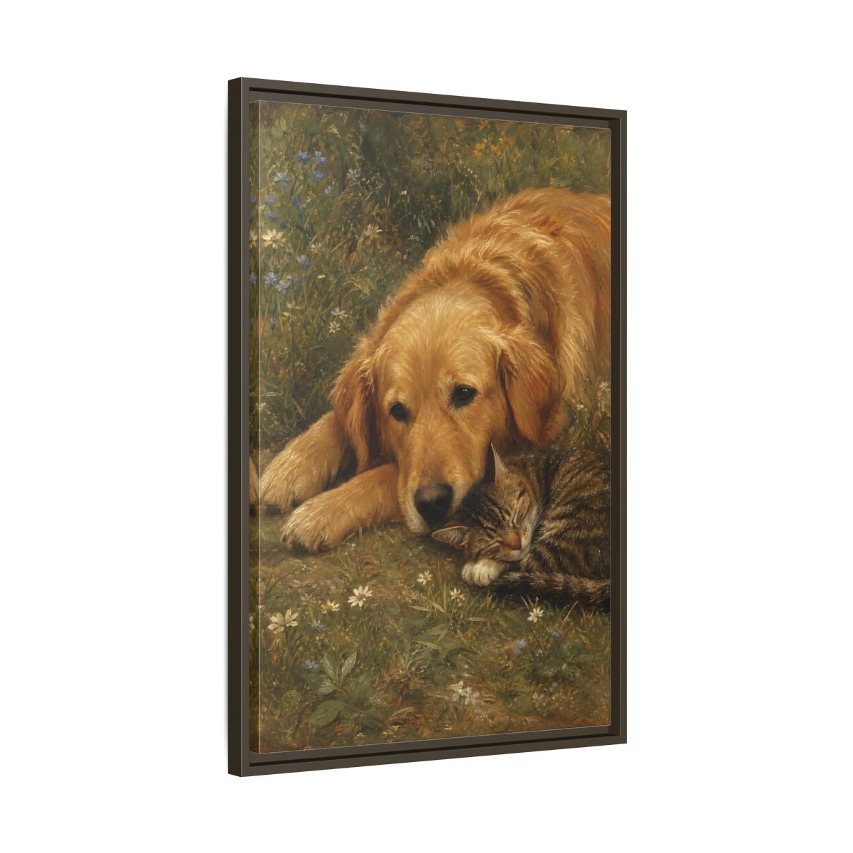 Side Mockup 11. Animals Sleeping Pets Brown And Green shown as stretched canvas wall art