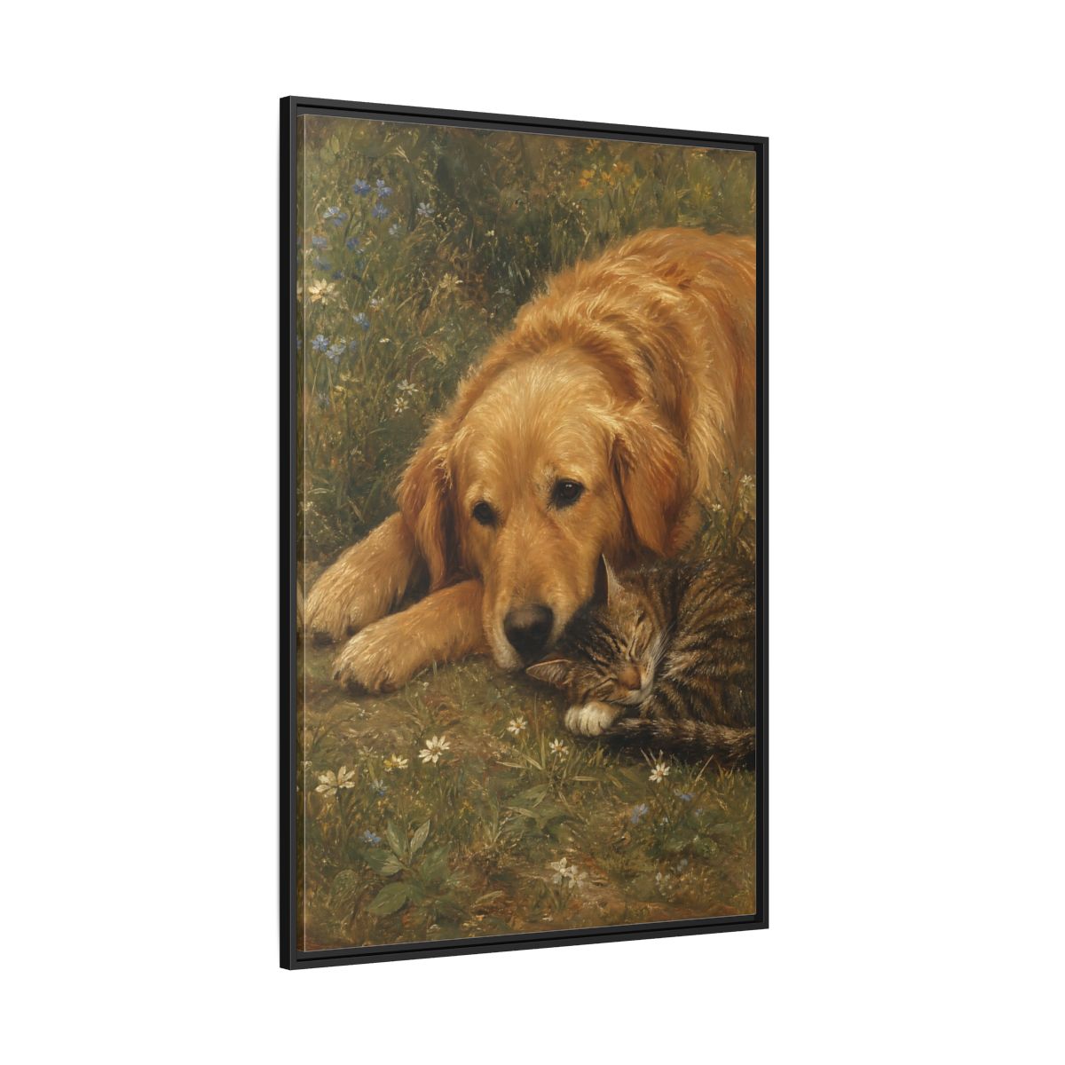 Side Mockup 12. Animals Sleeping Pets Brown And Green shown as stretched canvas wall art