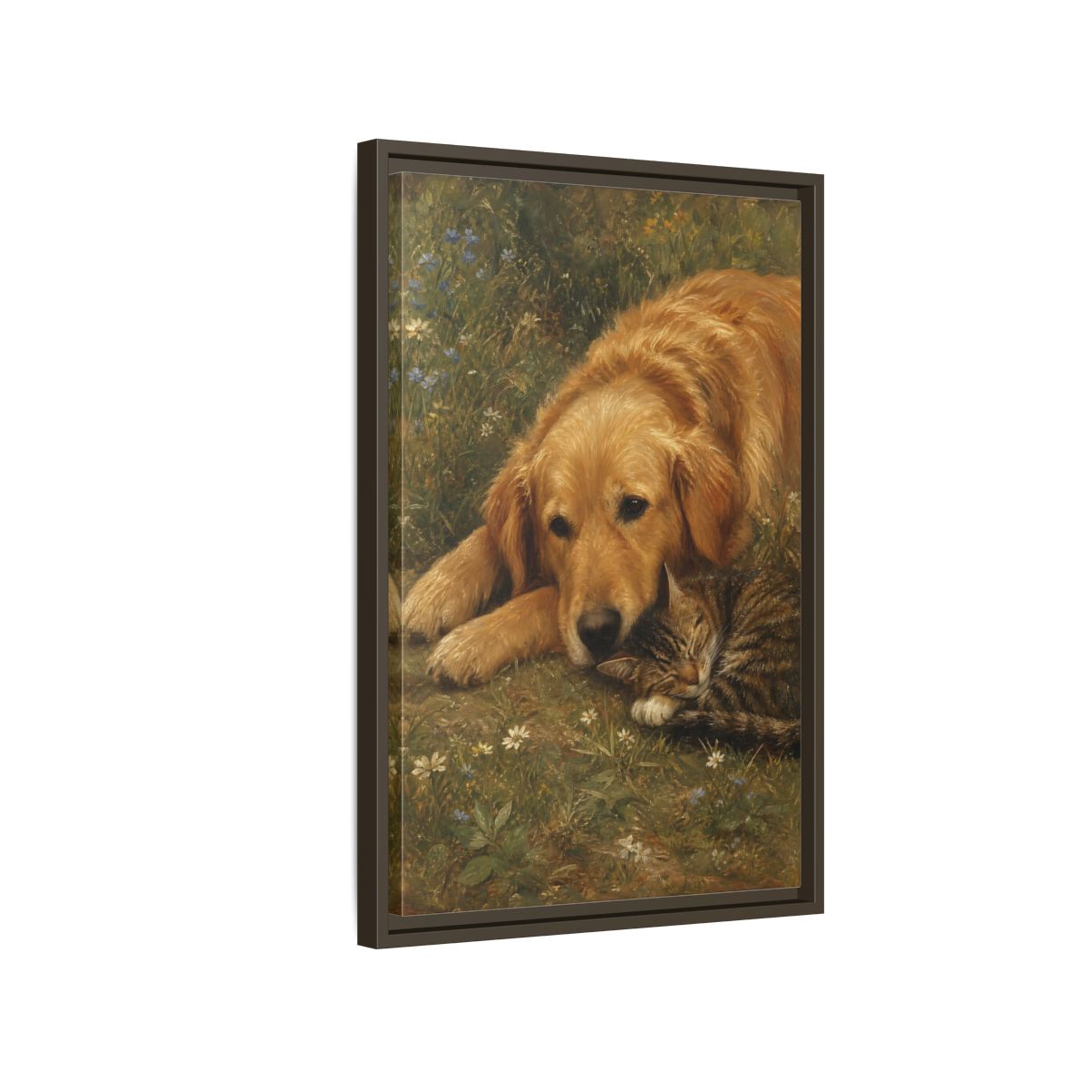 Side Mockup 2. Animals Sleeping Pets Brown And Green shown as stretched canvas wall art