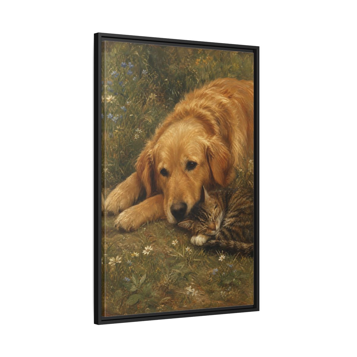 Side Mockup 13. Animals Sleeping Pets Brown And Green shown as stretched canvas wall art