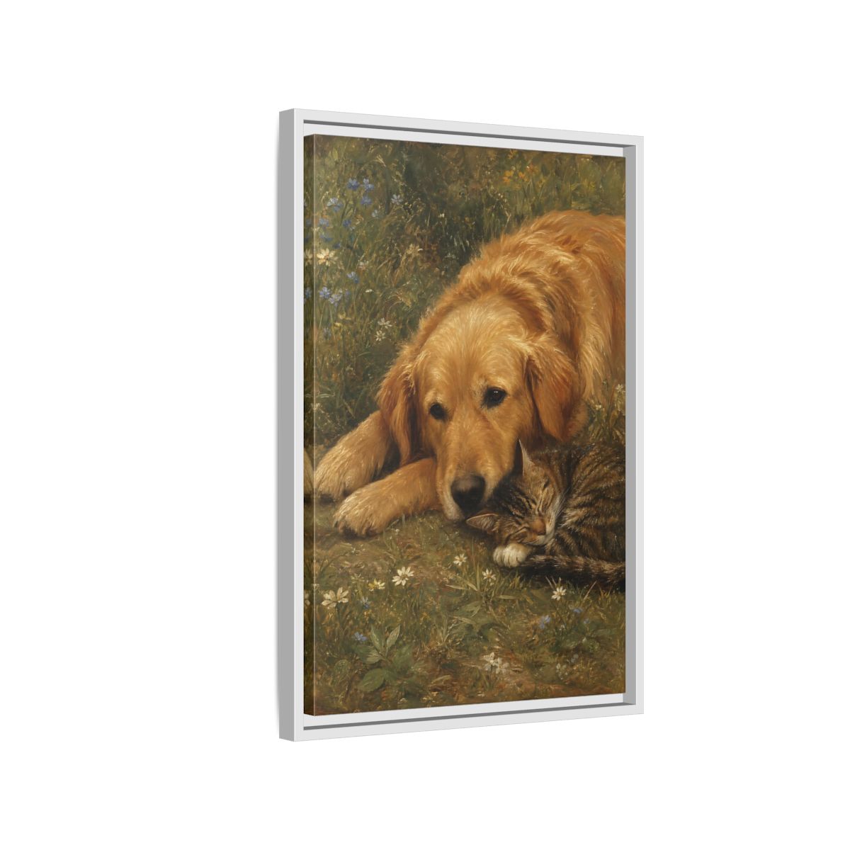 Side Mockup 1. Animals Sleeping Pets Brown And Green shown as stretched canvas wall art