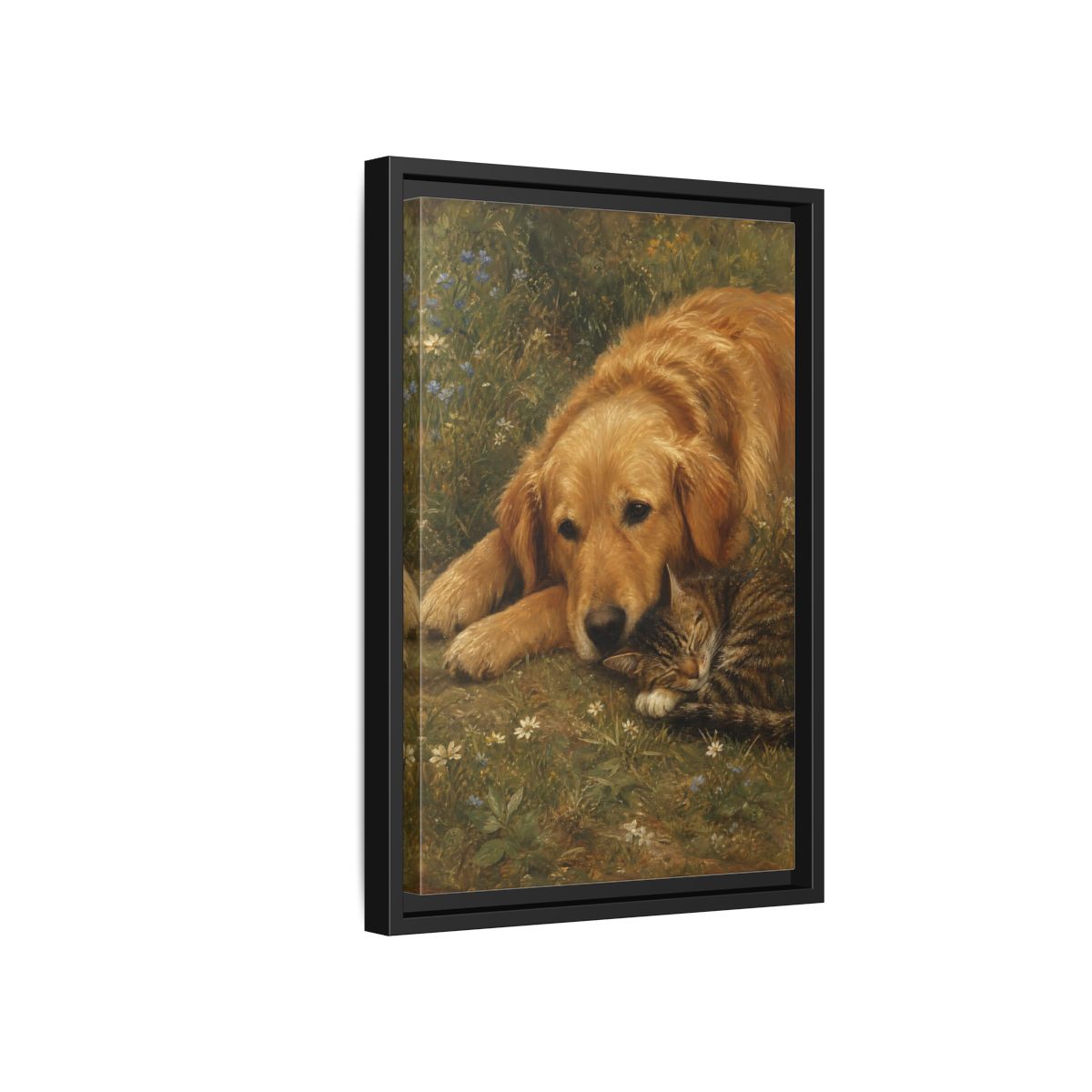 Side Mockup 6. Animals Sleeping Pets Brown And Green shown as stretched canvas wall art