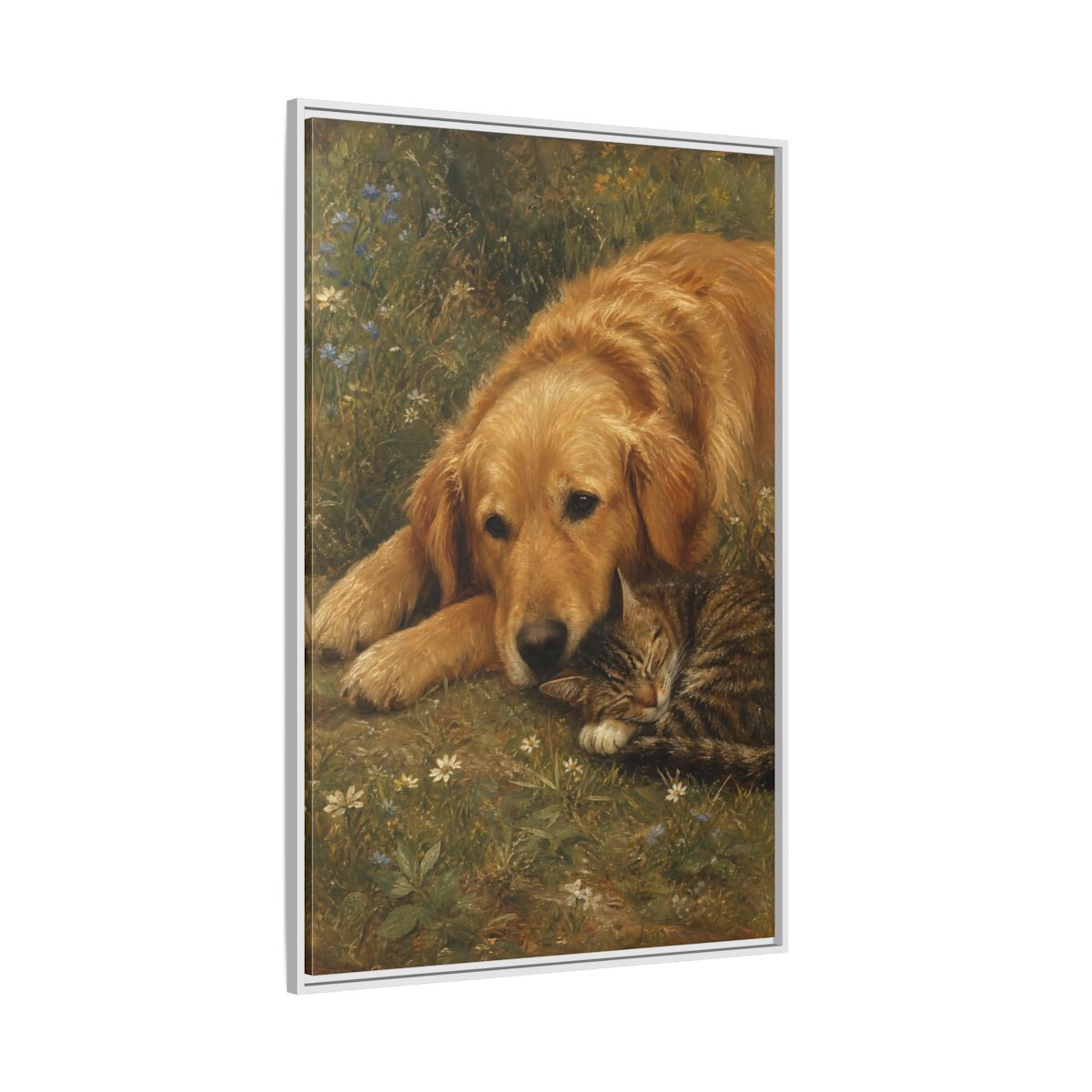 Side Mockup 7. Animals Sleeping Pets Brown And Green shown as stretched canvas wall art