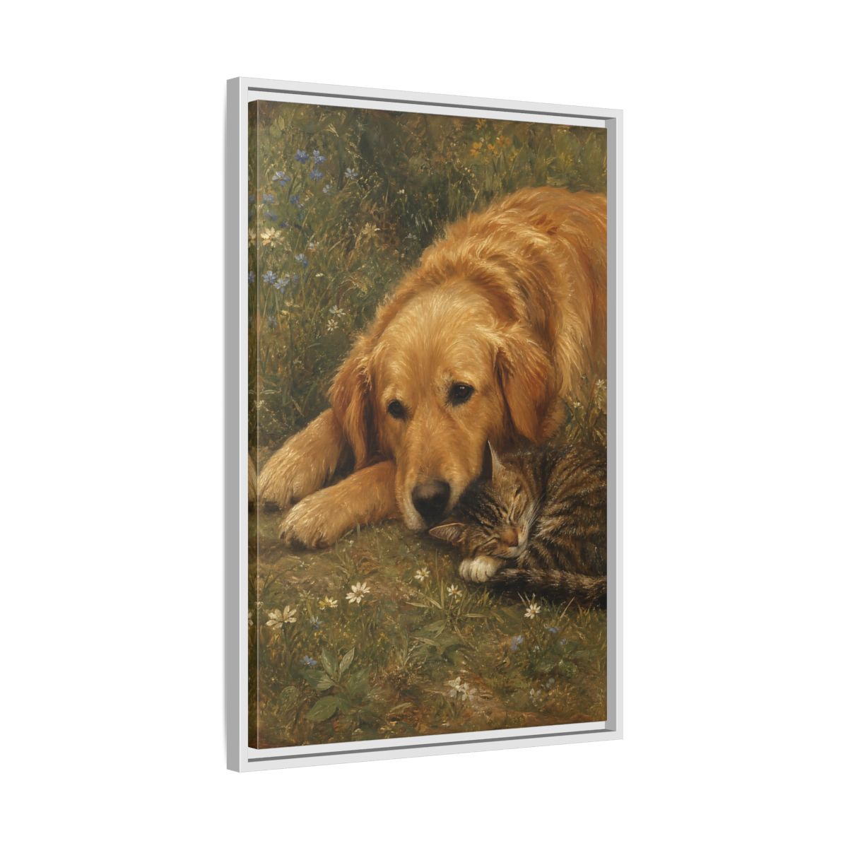 Side Mockup 10. Animals Sleeping Pets Brown And Green shown as stretched canvas wall art